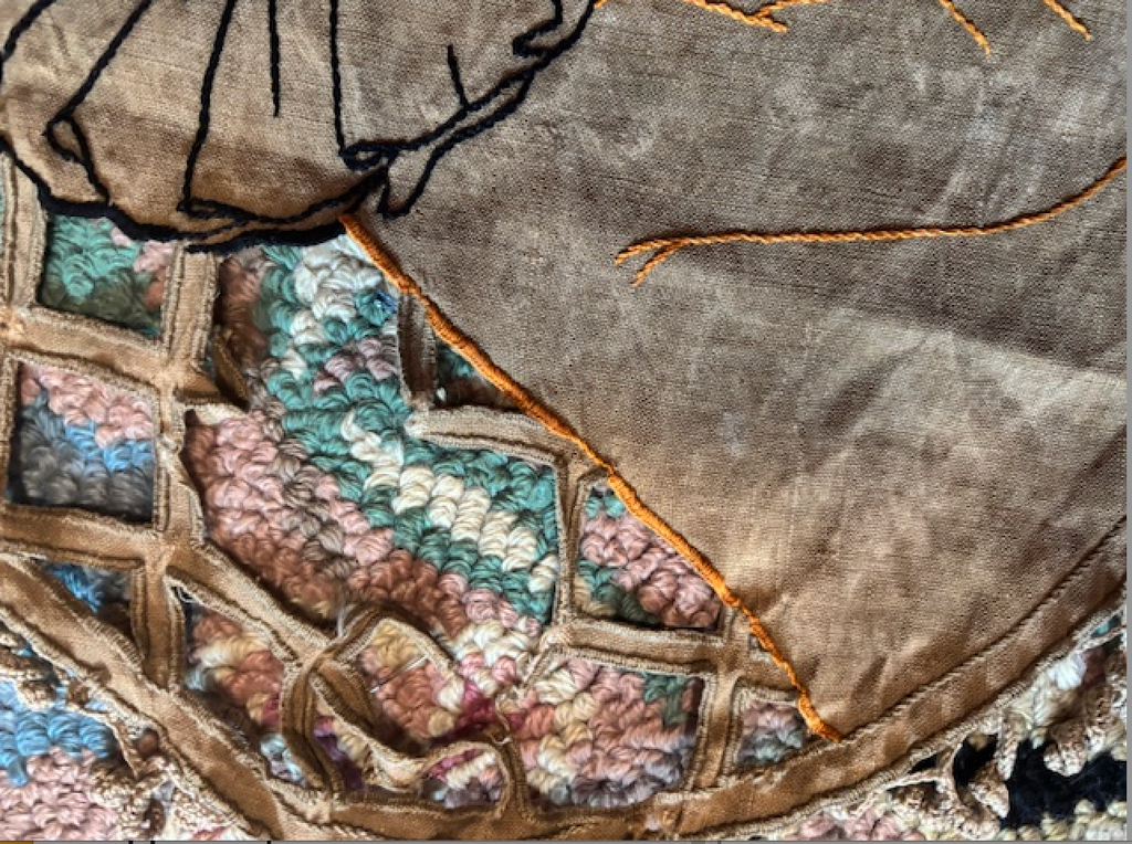 Antique 1920s or 1930s cushion top embroidered linen Pierrot and Colombine unusual