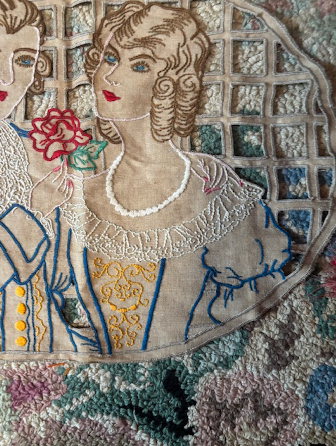 Antique 1920s or 1930s cushion top embroidered linen Nice!