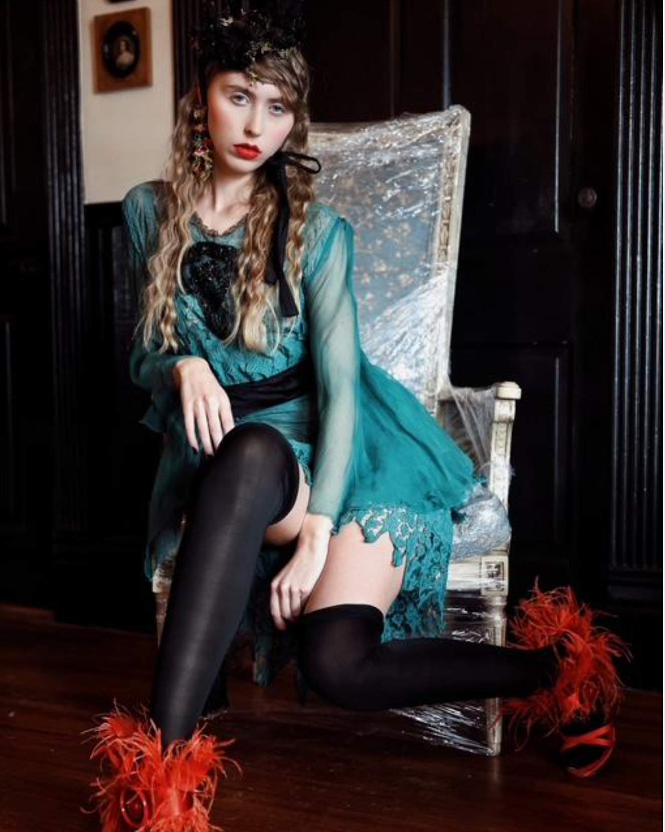 Peacock Fancy Tissue Silk Embroidered Dress w/angel sleeves