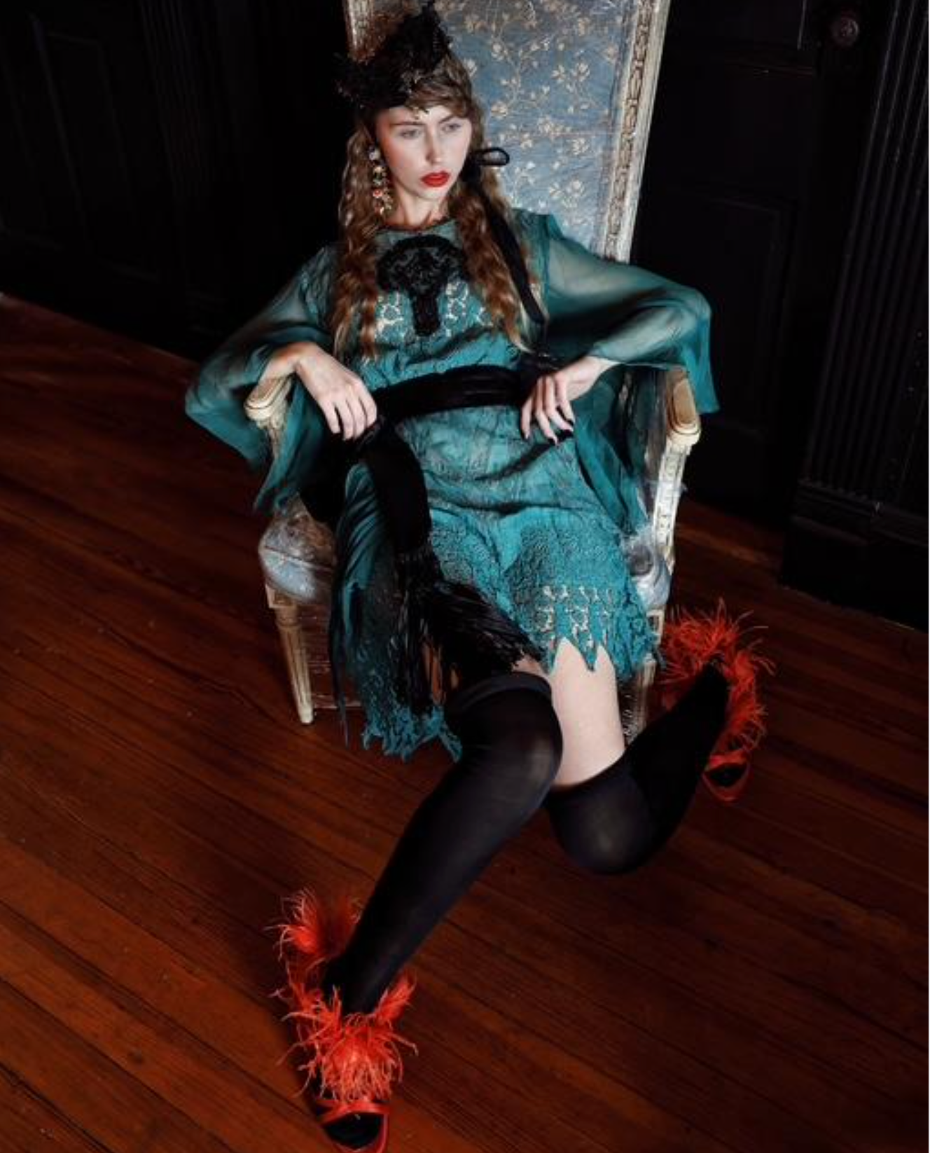 Peacock Fancy Tissue Silk Embroidered Dress w/angel sleeves