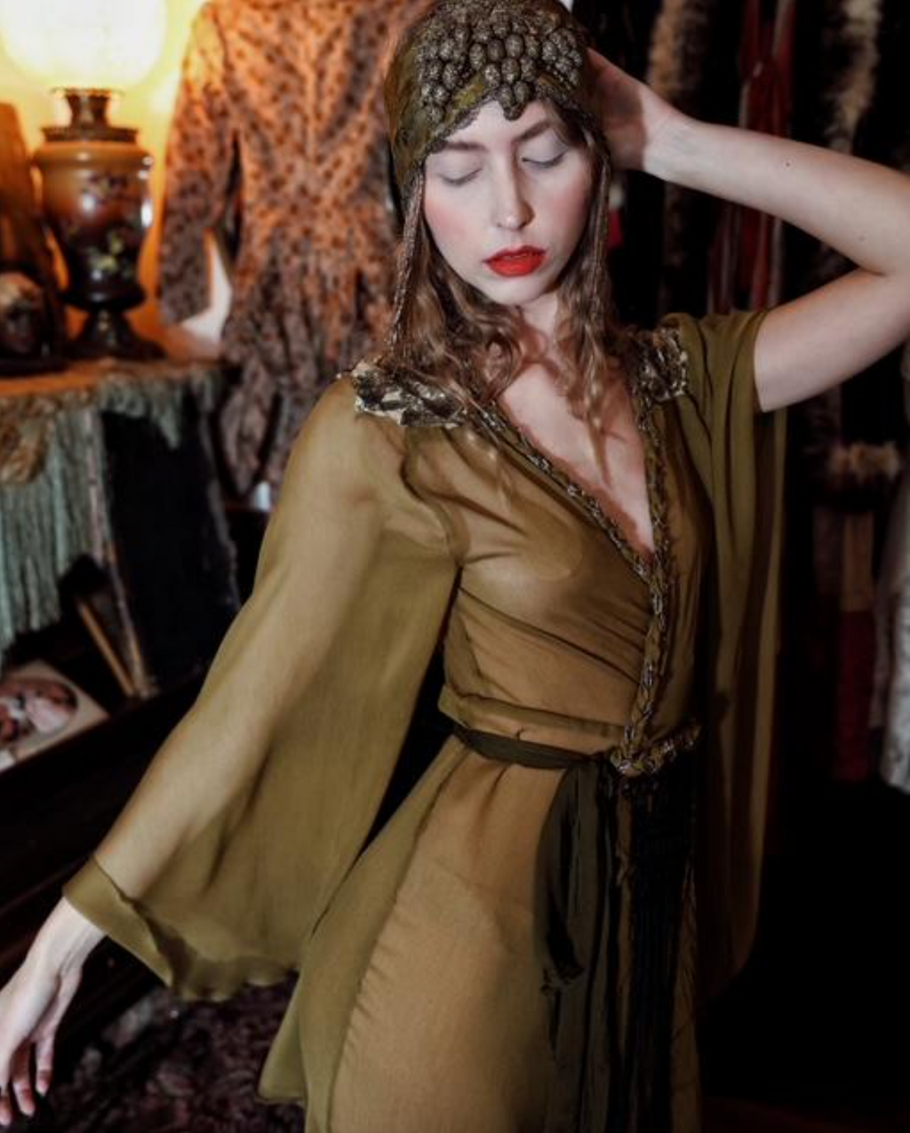 Chartreuse/Olive Headpiece Headband with Fringe and Large vintage Gold Thread Centerpiece snaps