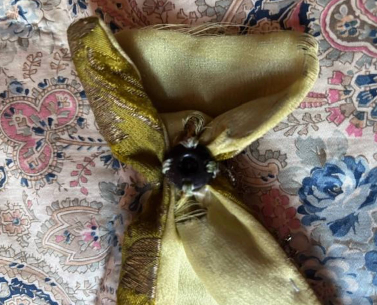 Chartreuse/Olive Headpiece Headband with Fringe and Large vintage Gold Thread Centerpiece snaps