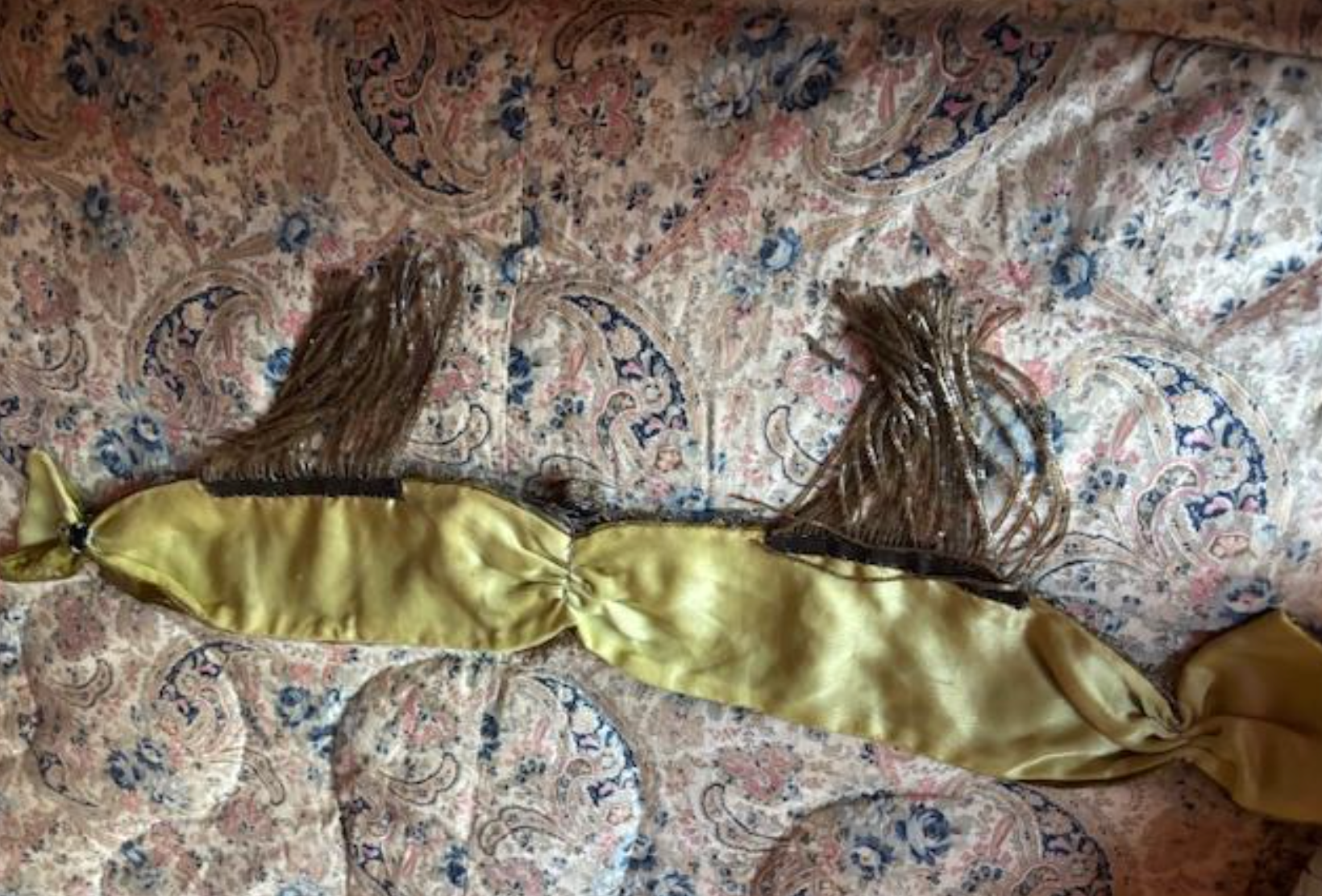 Chartreuse/Olive Headpiece Headband with Fringe and Large vintage Gold Thread Centerpiece snaps