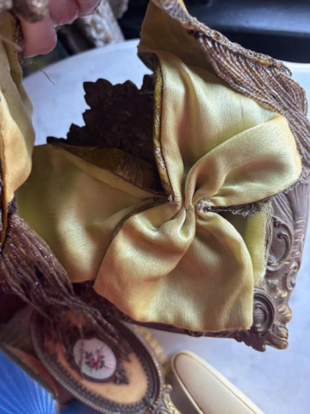 Chartreuse/Olive Headpiece Headband with Fringe and Large vintage Gold Thread Centerpiece snaps