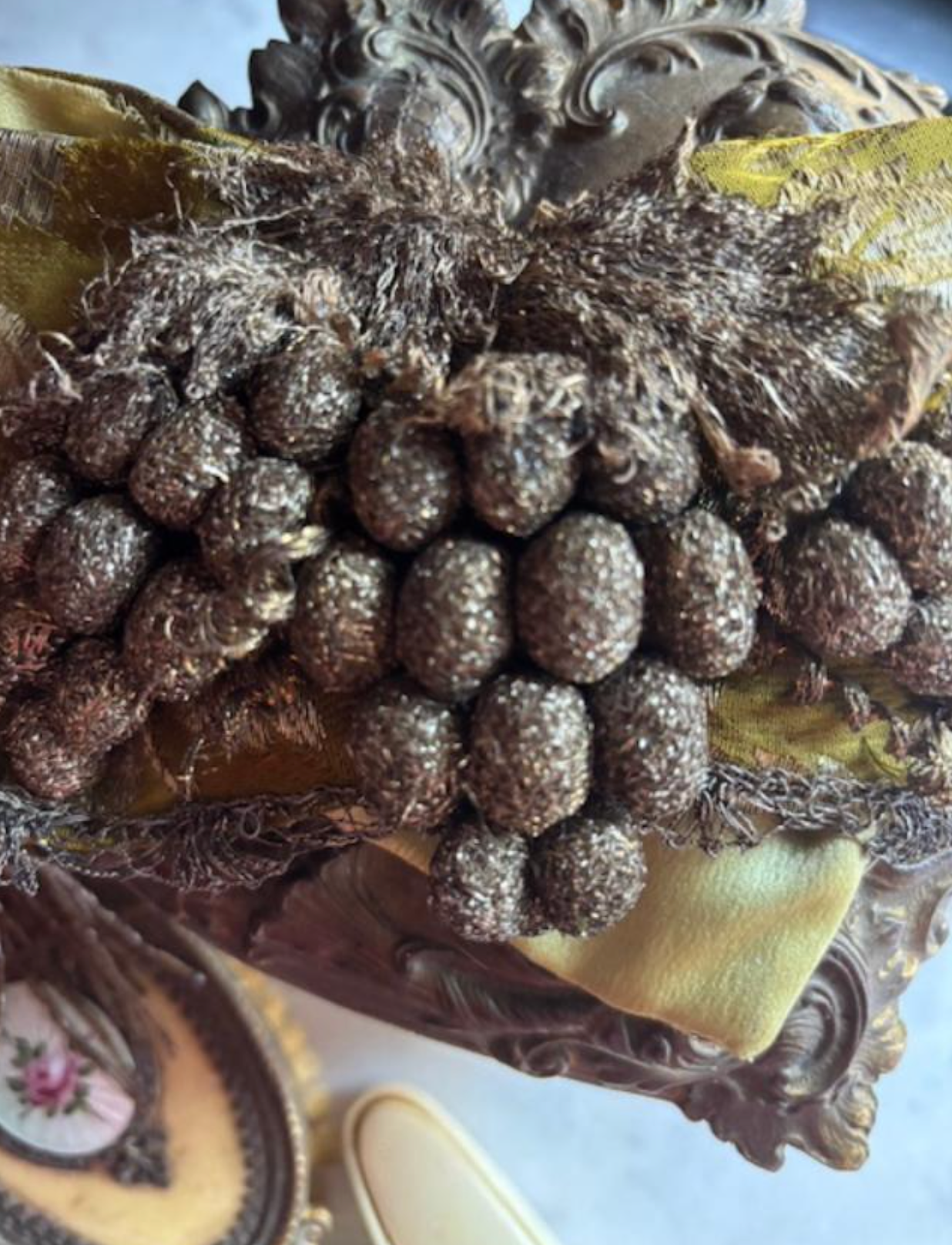 Chartreuse/Olive Headpiece Headband with Fringe and Large vintage Gold Thread Centerpiece snaps