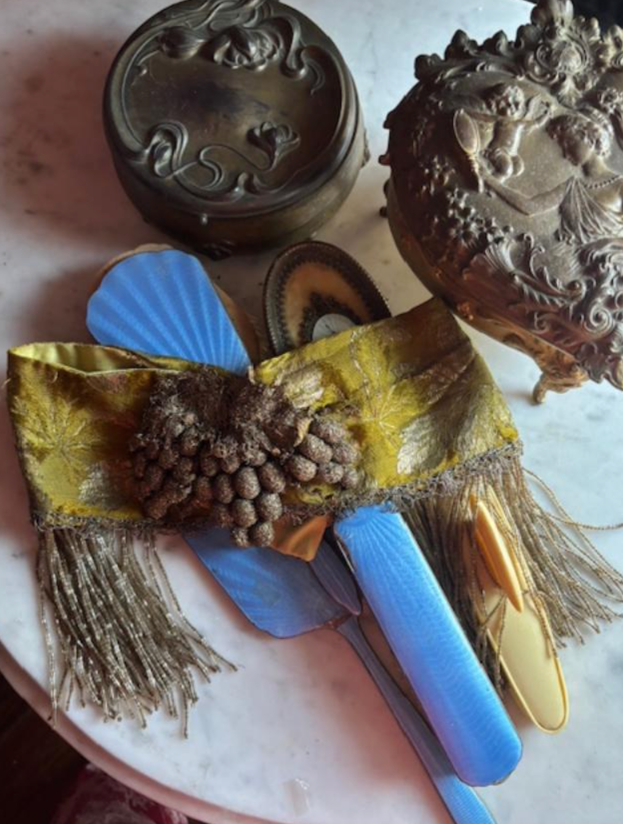 Chartreuse/Olive Headpiece Headband with Fringe and Large vintage Gold Thread Centerpiece snaps