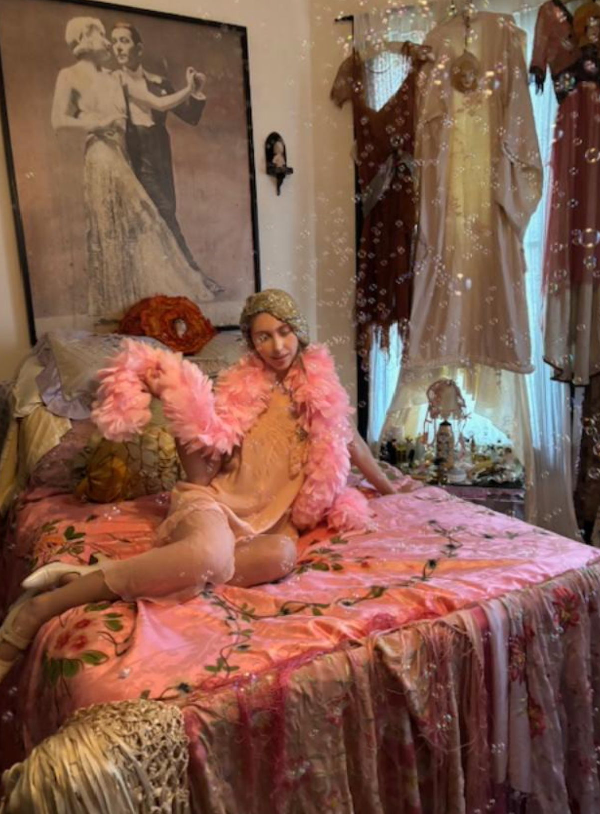 The Glass Pearl Cami Top Boudoir Queen w/silk chiffon side train L