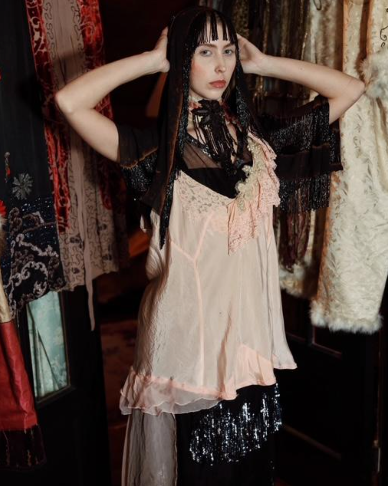 The Glass Pearl Cami Top Boudoir Queen w/silk chiffon side train L