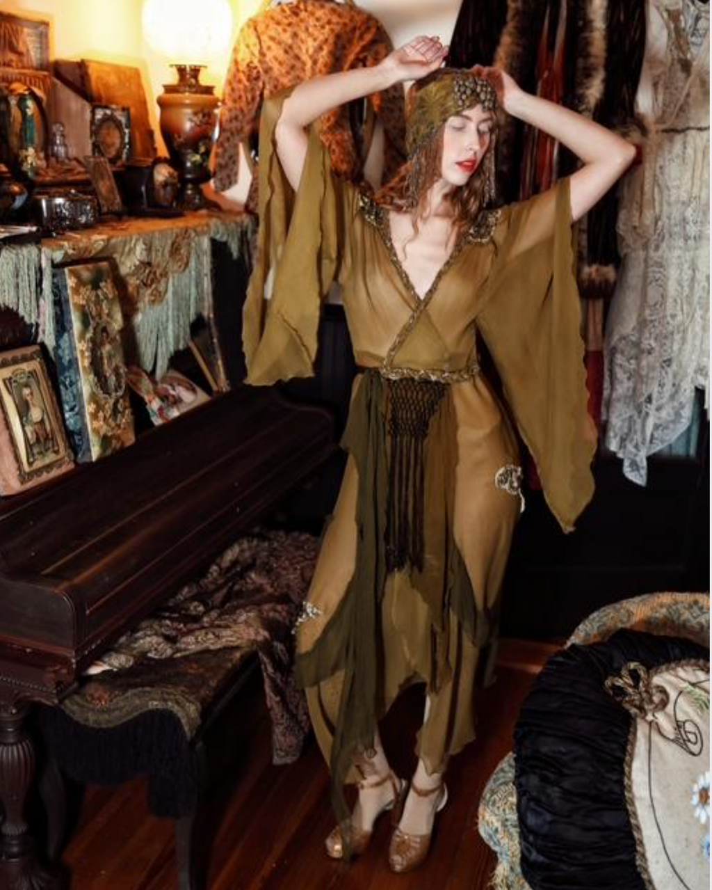 Olive Borden Angel Sleeve Dress with 30's Gel Sequin , Braids and Fringe
