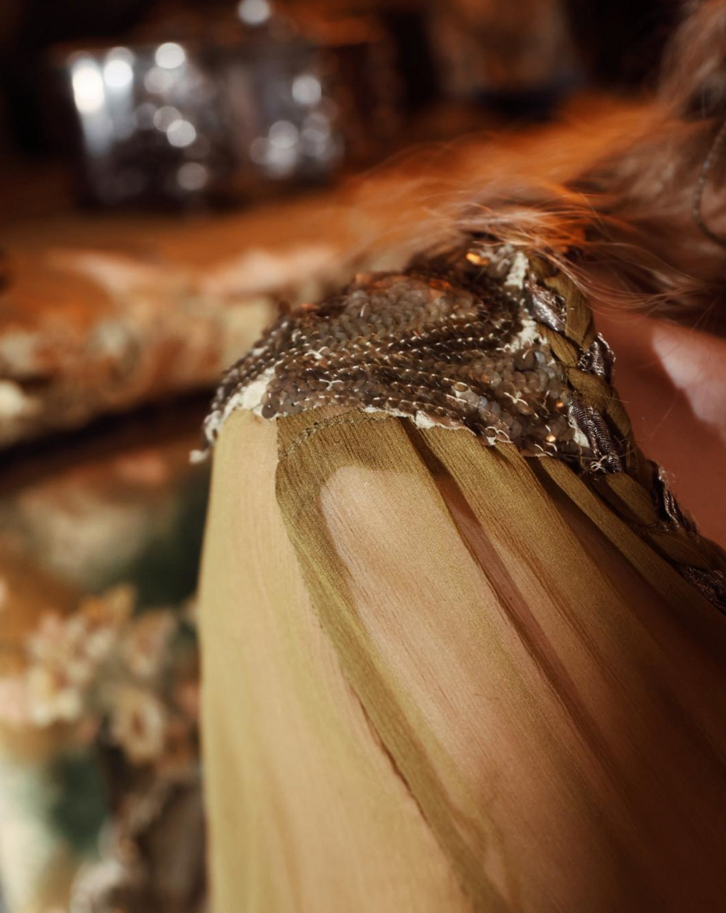 Olive Borden Angel Sleeve Dress with 30's Gel Sequin , Braids and Fringe