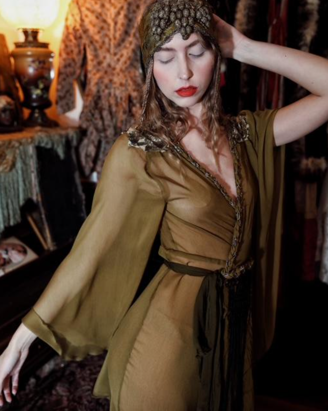 Olive Borden Angel Sleeve Dress with 30's Gel Sequin , Braids and Fringe