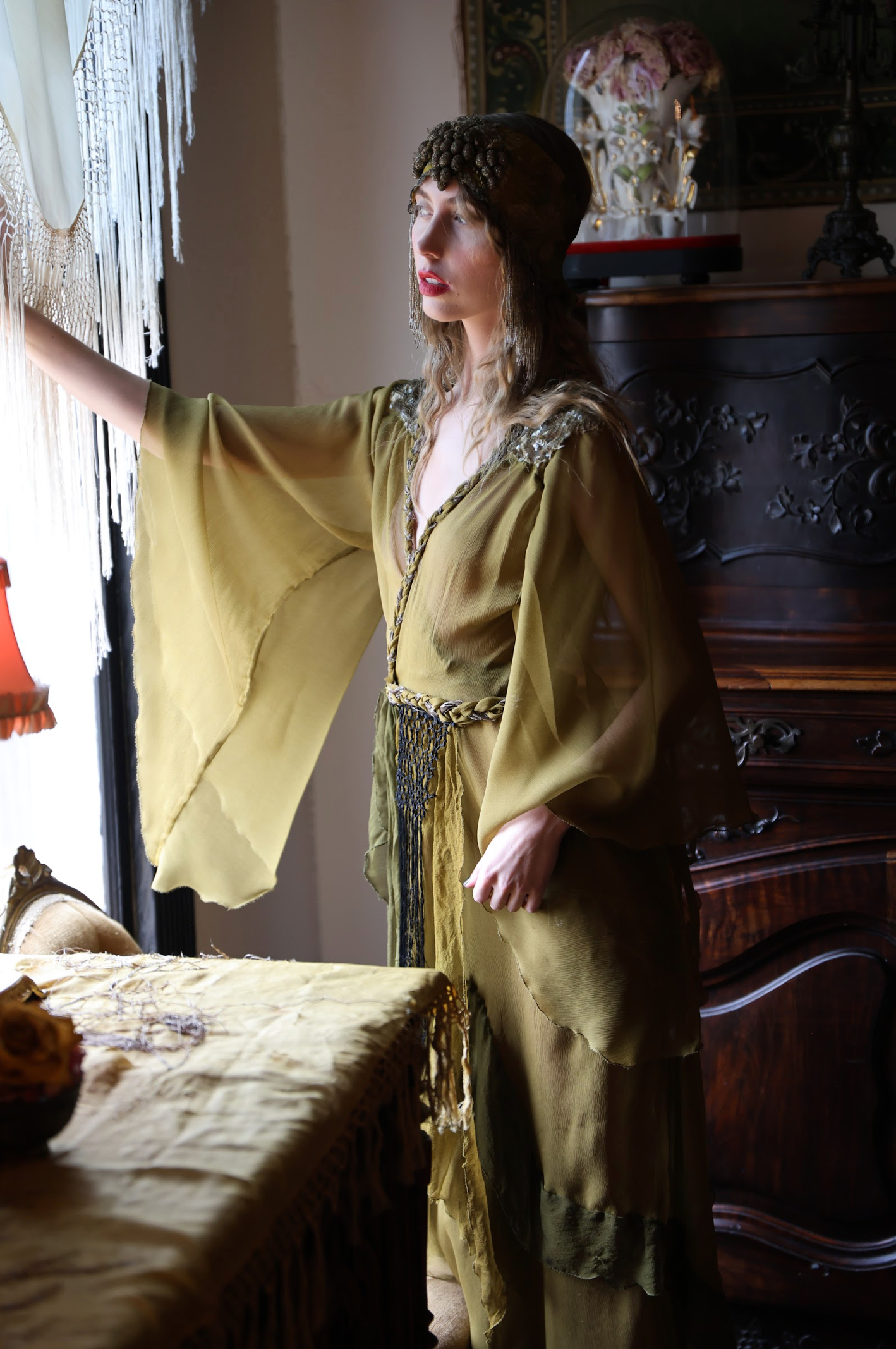 Olive Borden Angel Sleeve Dress with 30's Gel Sequin , Braids and Fringe