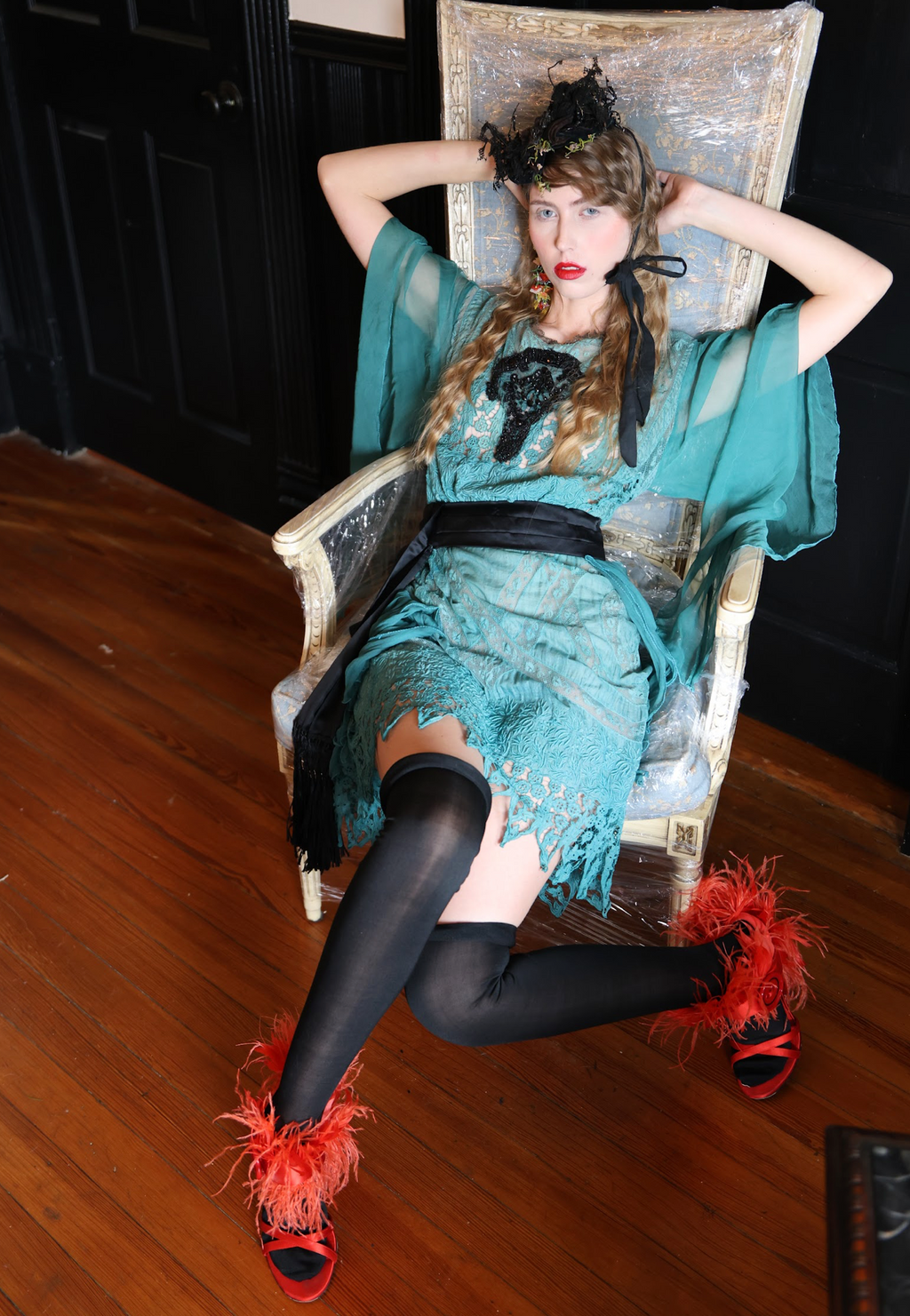 Peacock Fancy Tissue Silk Embroidered Lace Dress One of a kind