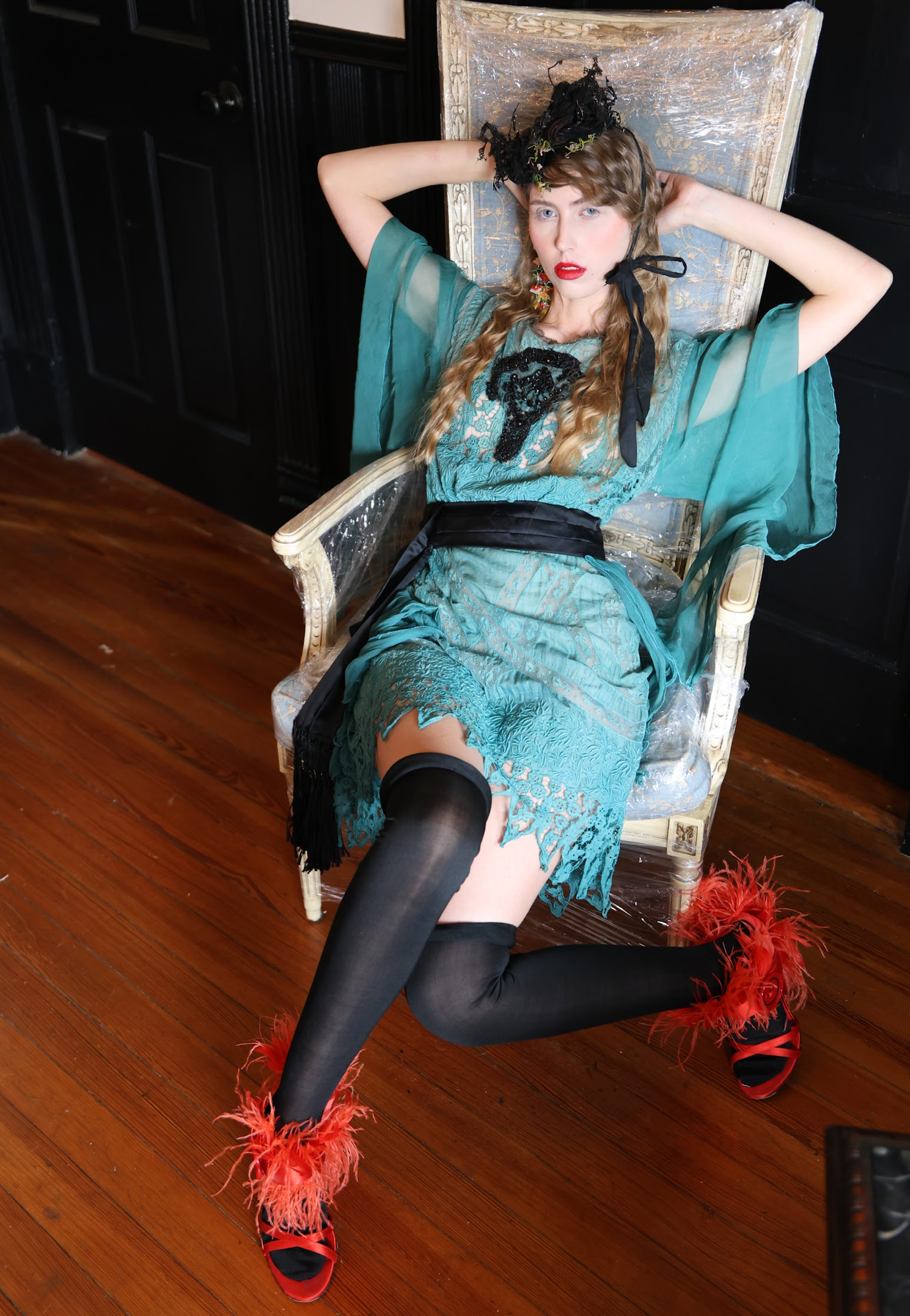 Peacock Fancy Tissue Silk Embroidered Lace Dress One of a kind