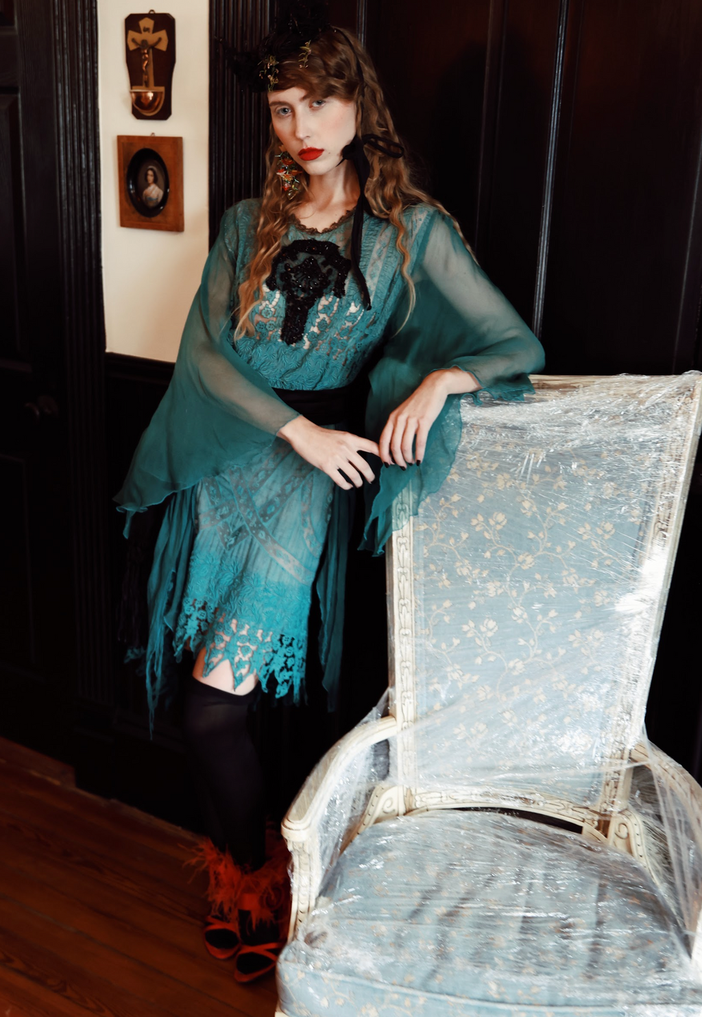 Peacock Fancy Tissue Silk Embroidered Lace Dress One of a kind