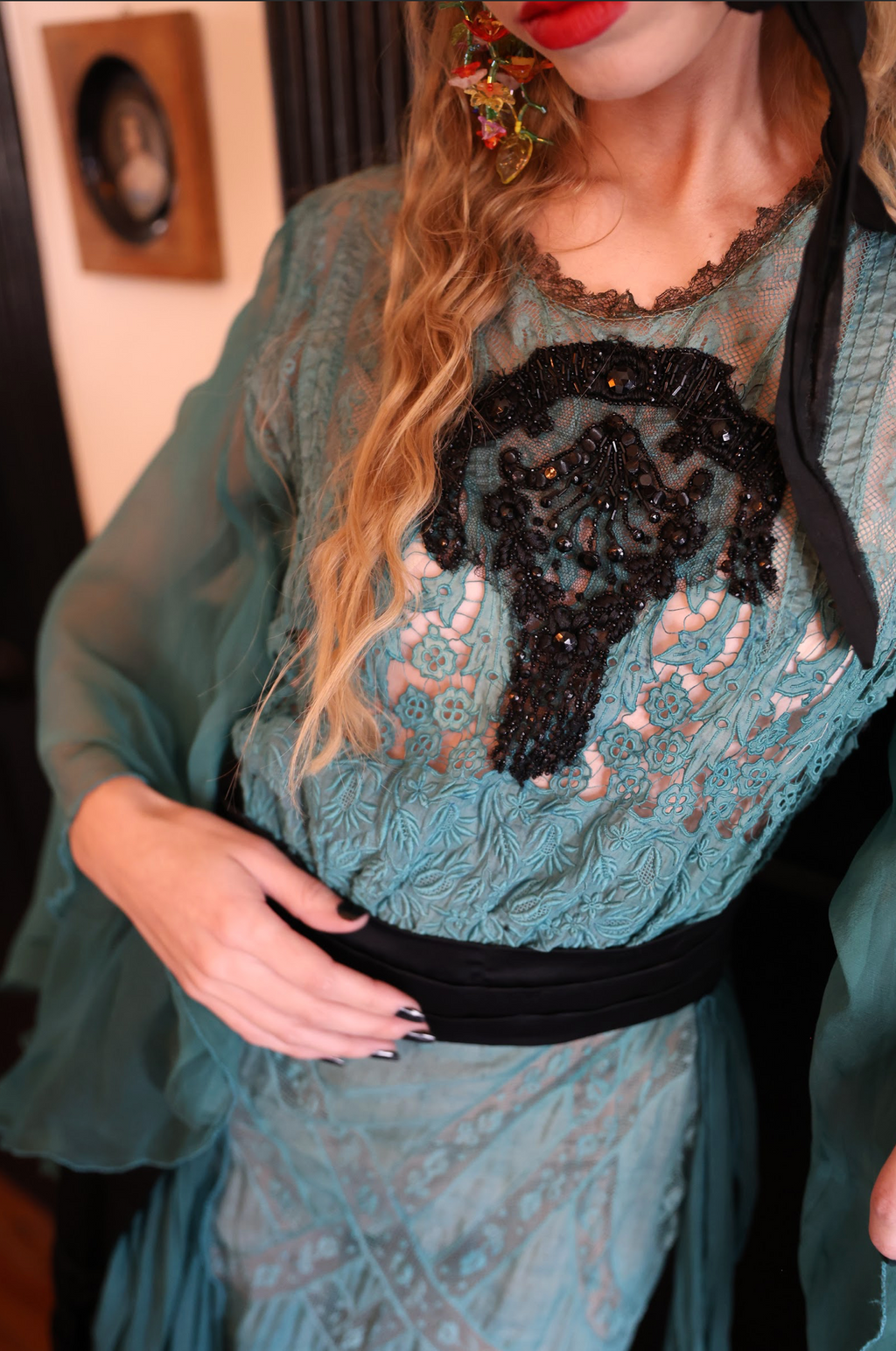 Peacock Fancy Tissue Silk Embroidered Lace Dress One of a kind