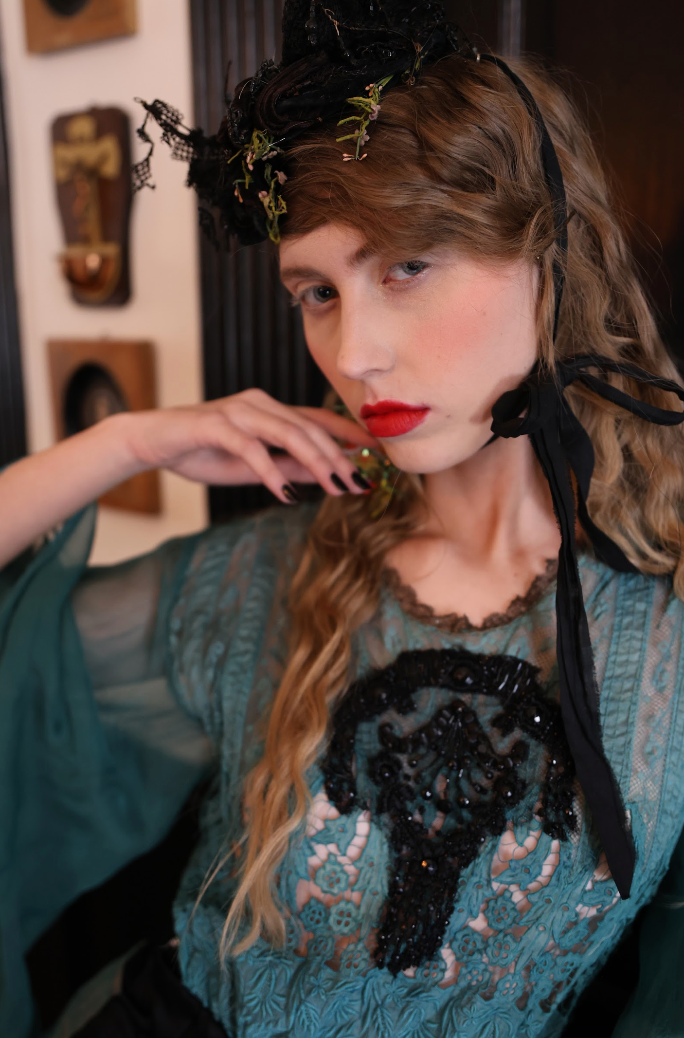 Peacock Fancy Tissue Silk Embroidered Dress w/angel sleeves