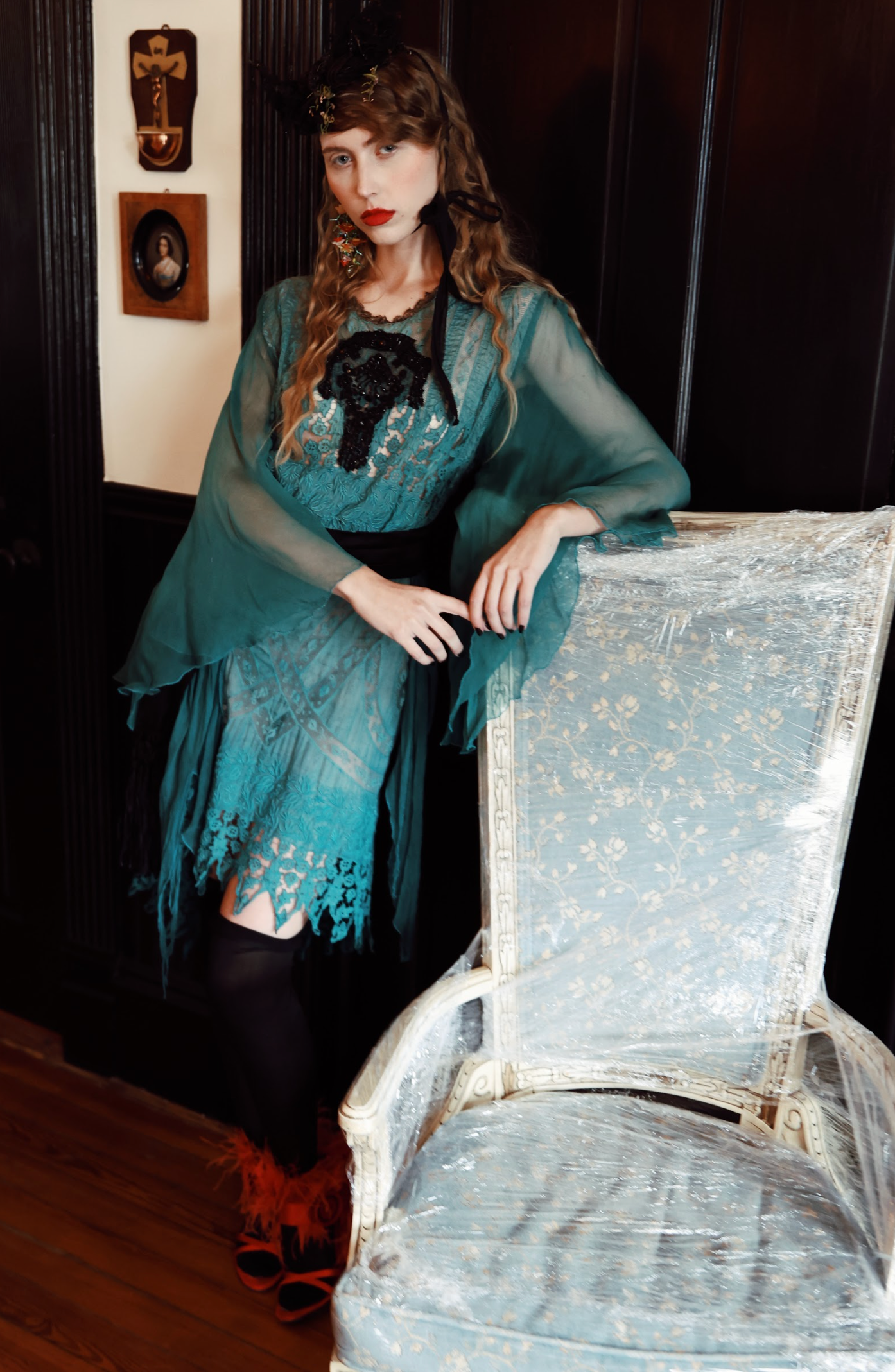 Peacock Fancy Tissue Silk Embroidered Dress w/angel sleeves