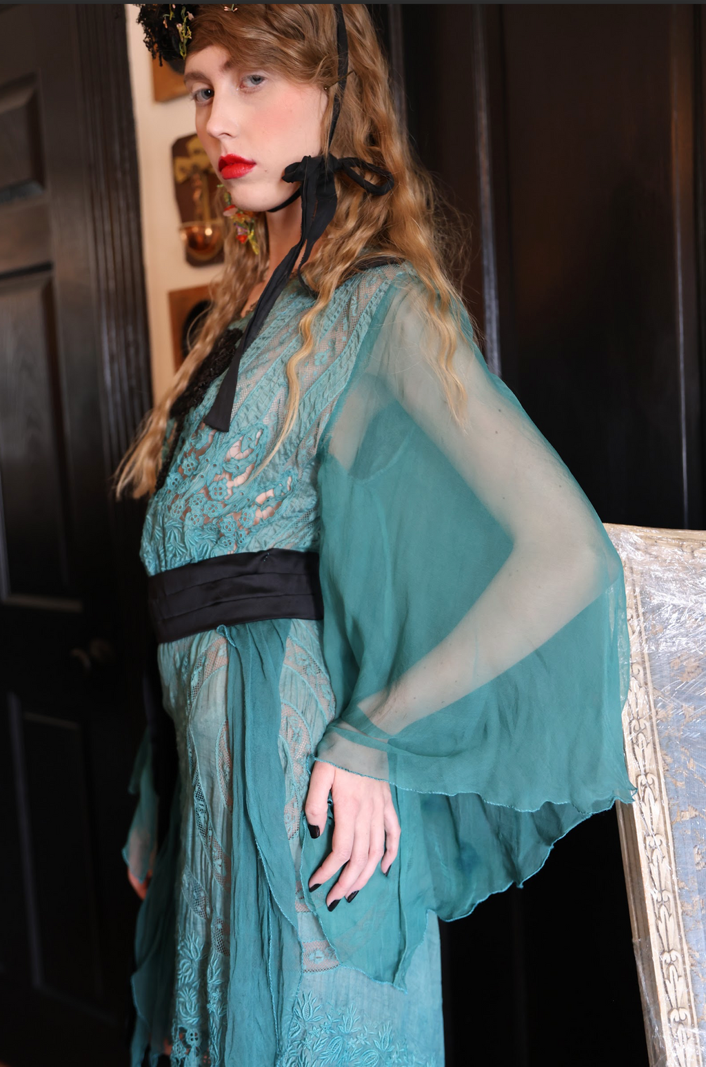 Peacock Fancy Tissue Silk Embroidered Lace Dress One of a kind