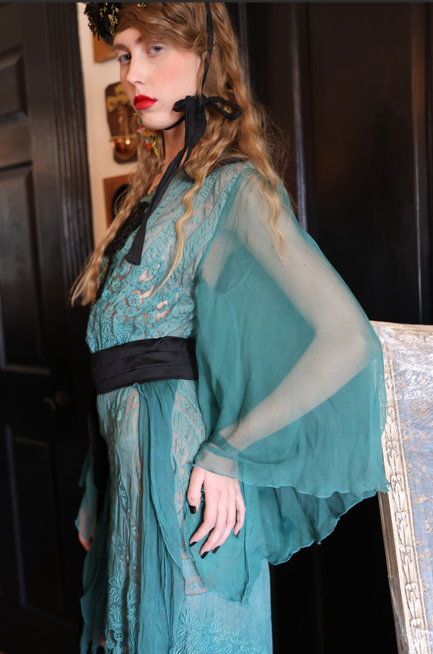 Peacock Fancy Tissue Silk Embroidered Dress w/angel sleeves