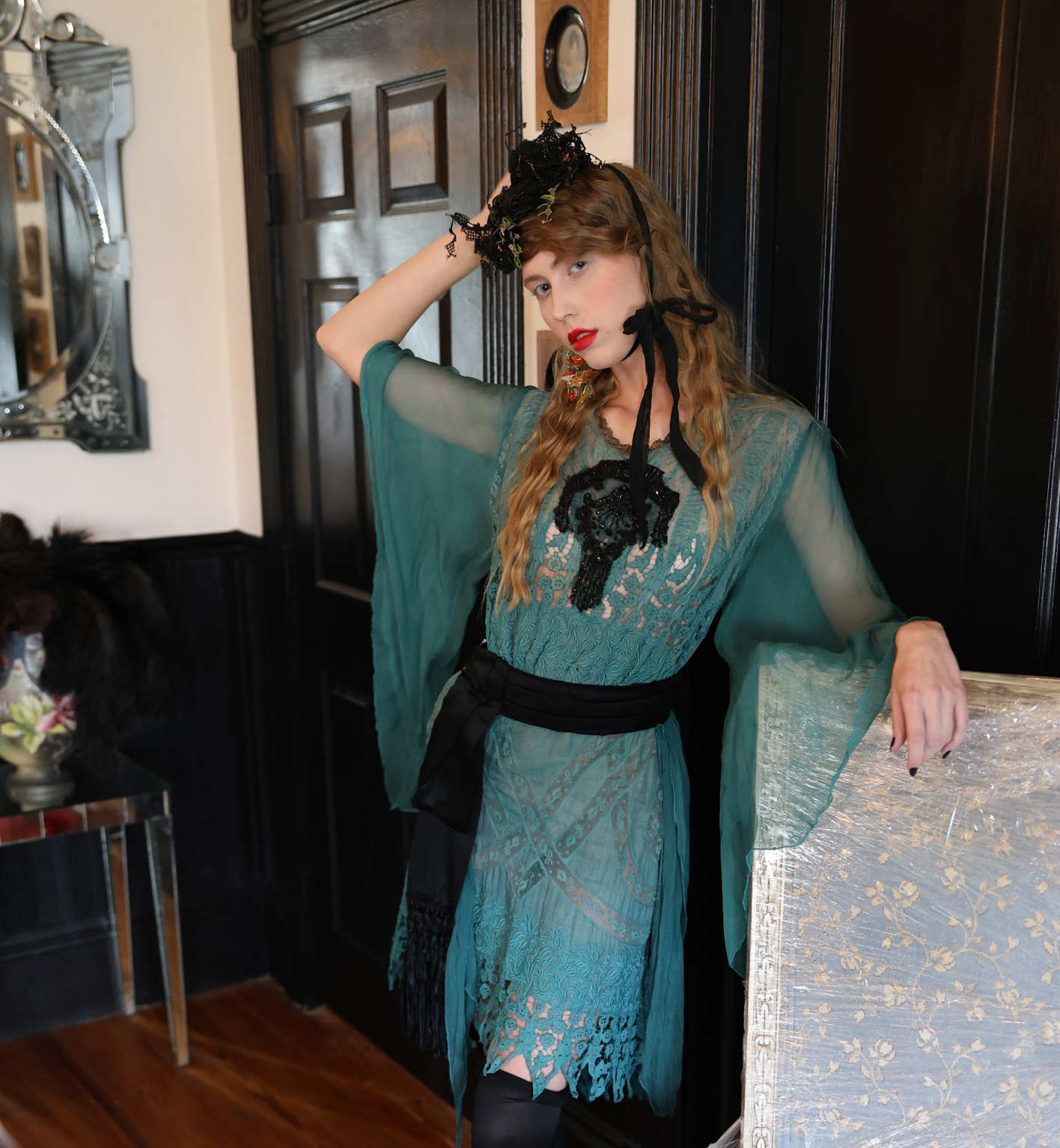 Peacock Fancy Tissue Silk Embroidered Lace Dress One of a kind