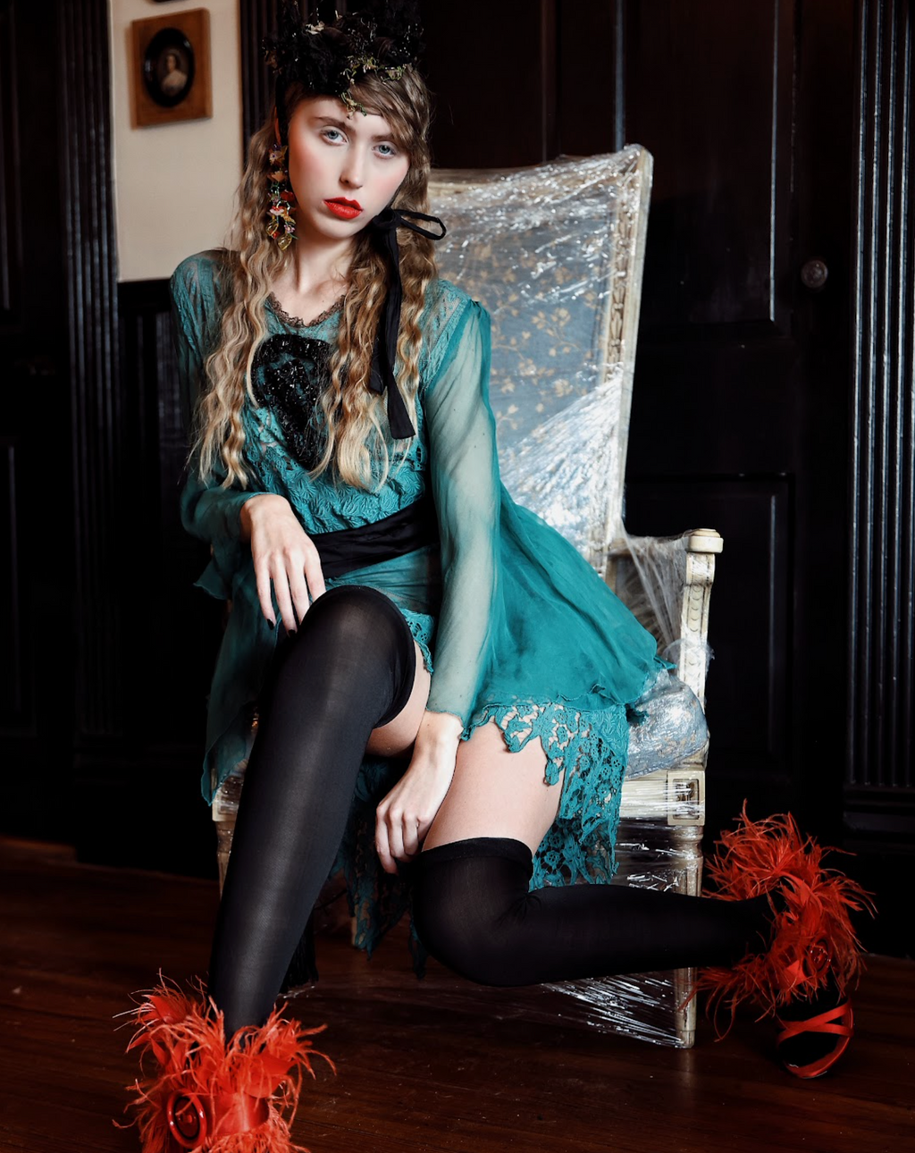 Peacock Fancy Tissue Silk Embroidered Lace Dress One of a kind