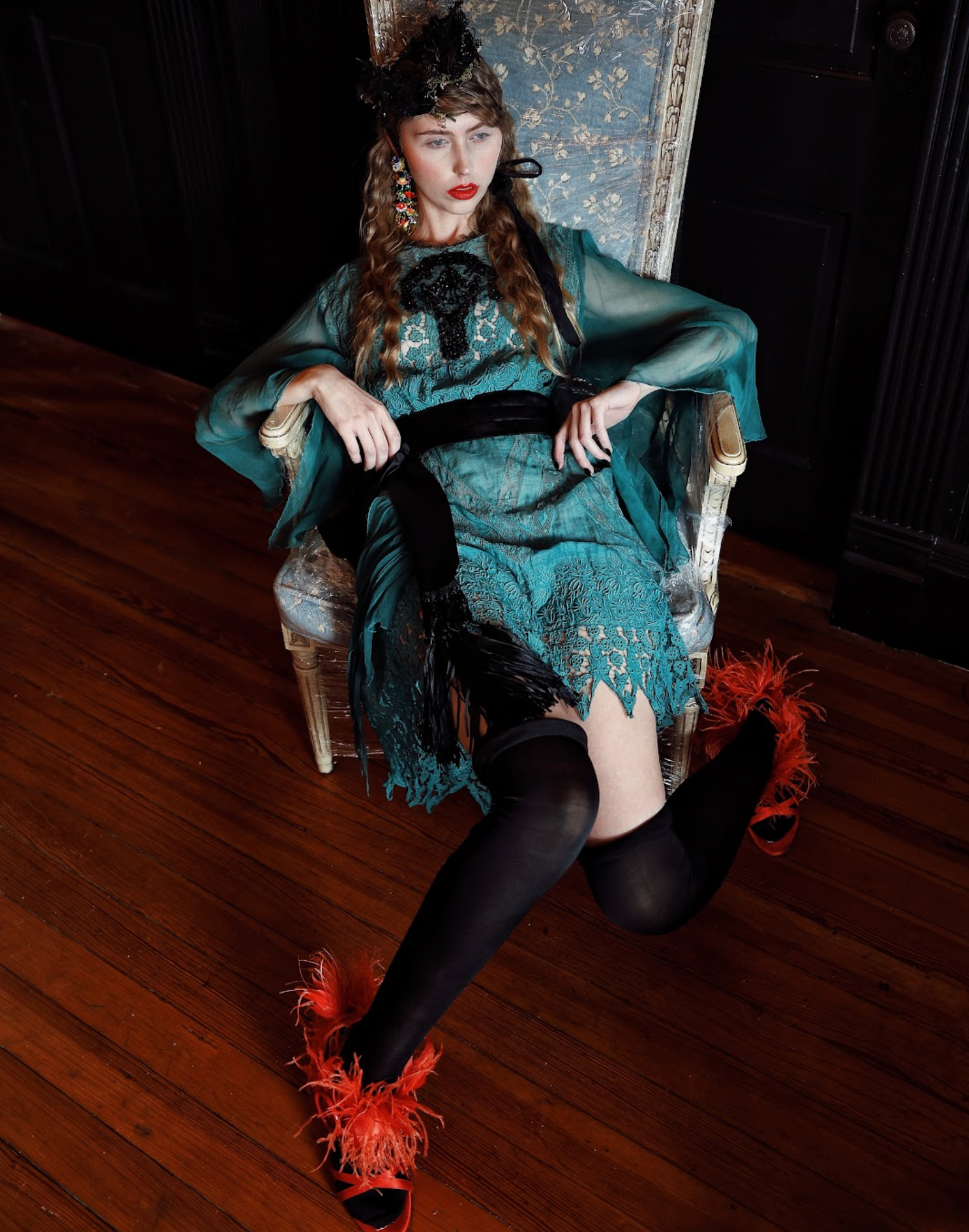 Peacock Fancy Tissue Silk Embroidered Lace Dress One of a kind