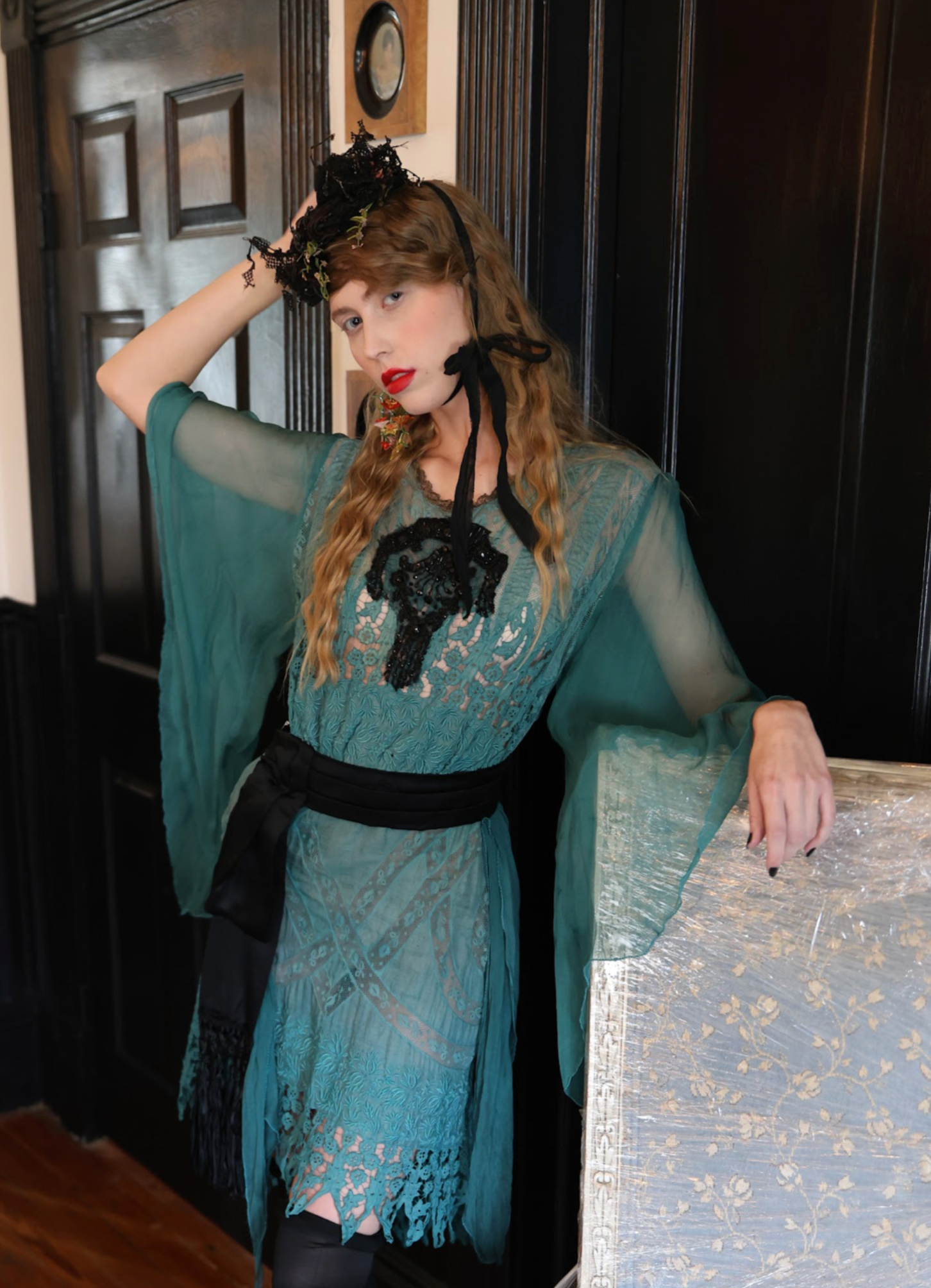 Peacock Fancy Tissue Silk Embroidered Dress w/angel sleeves