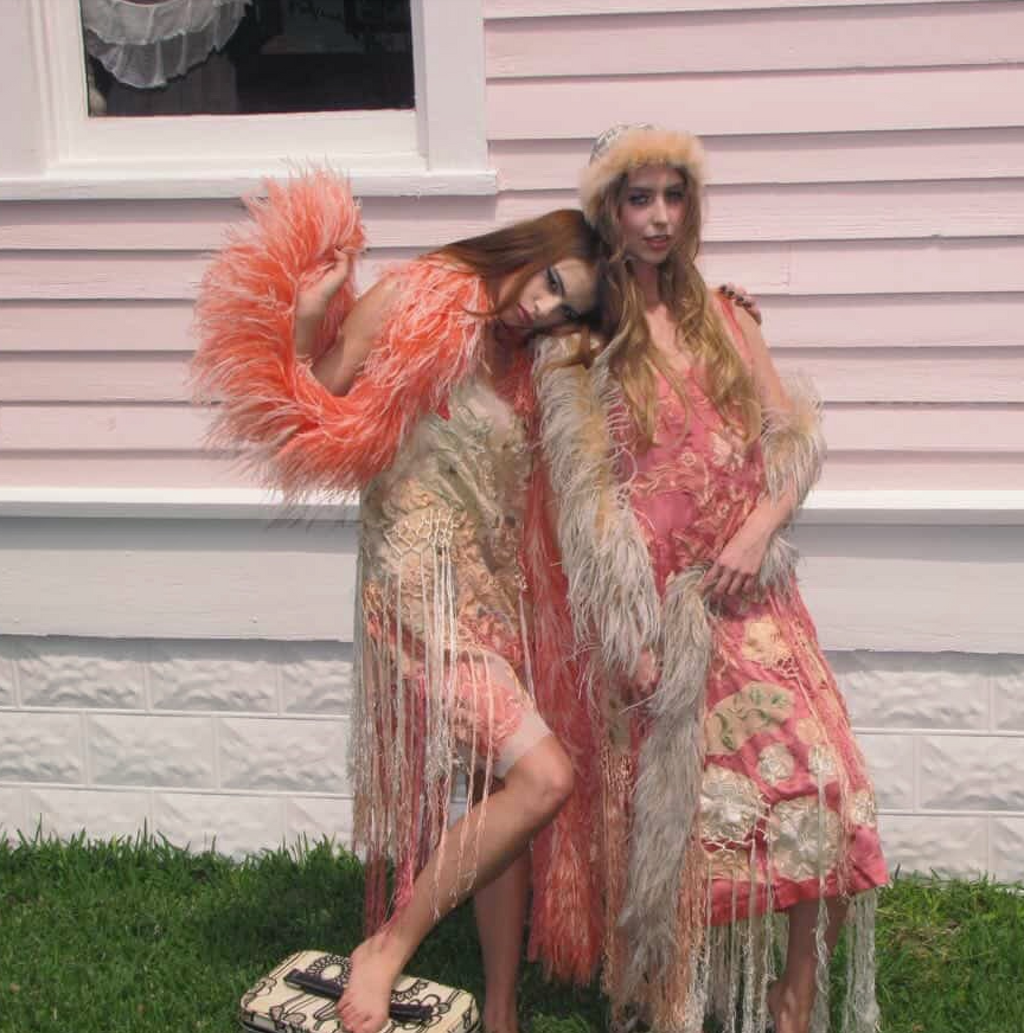 Salmon Silk 1920's Cami Dress with embroidered flowers and fringe 1920's