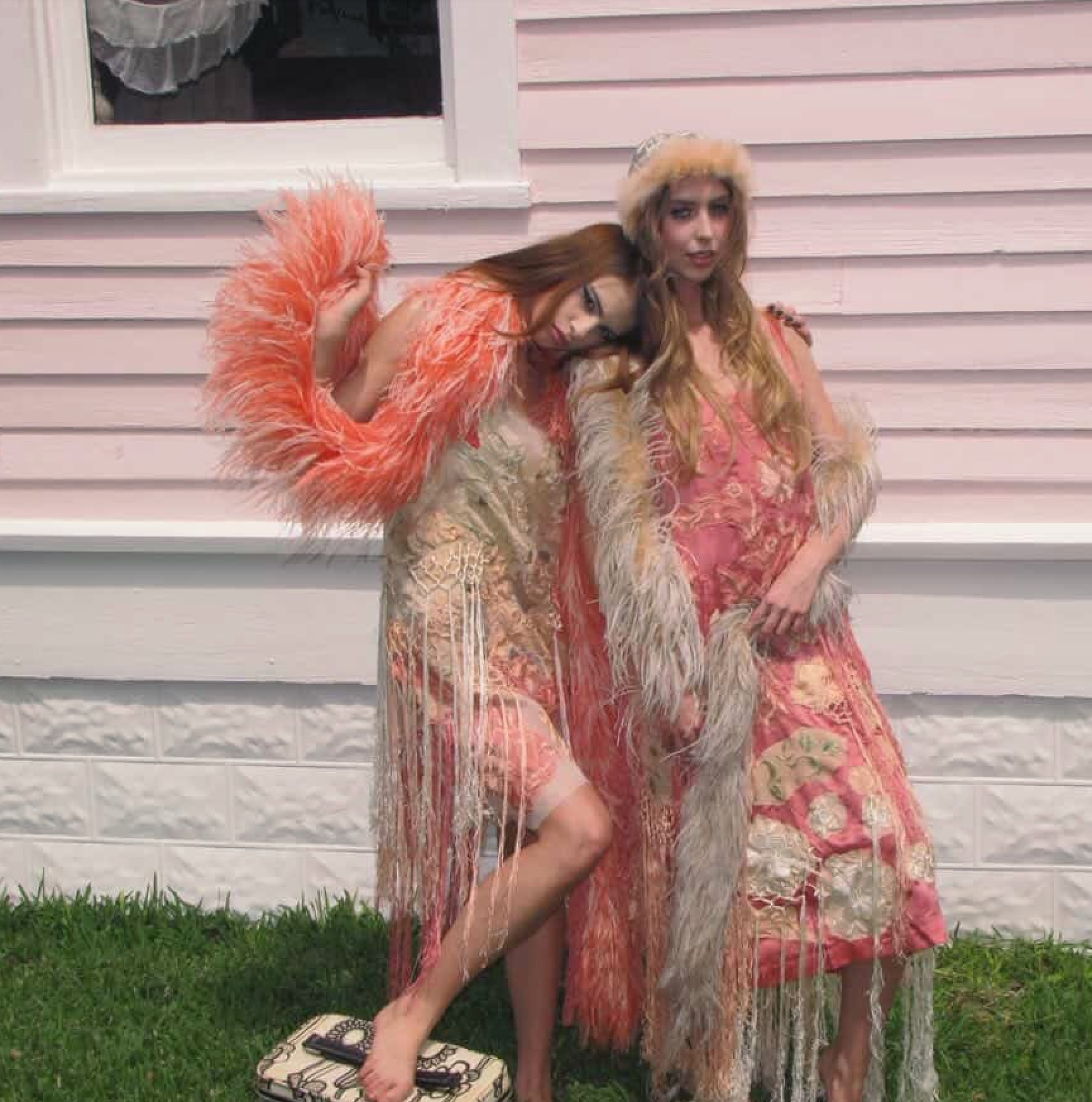 Salmon Silk 1920's Cami Dress with embroidered flowers and fringe 1920's