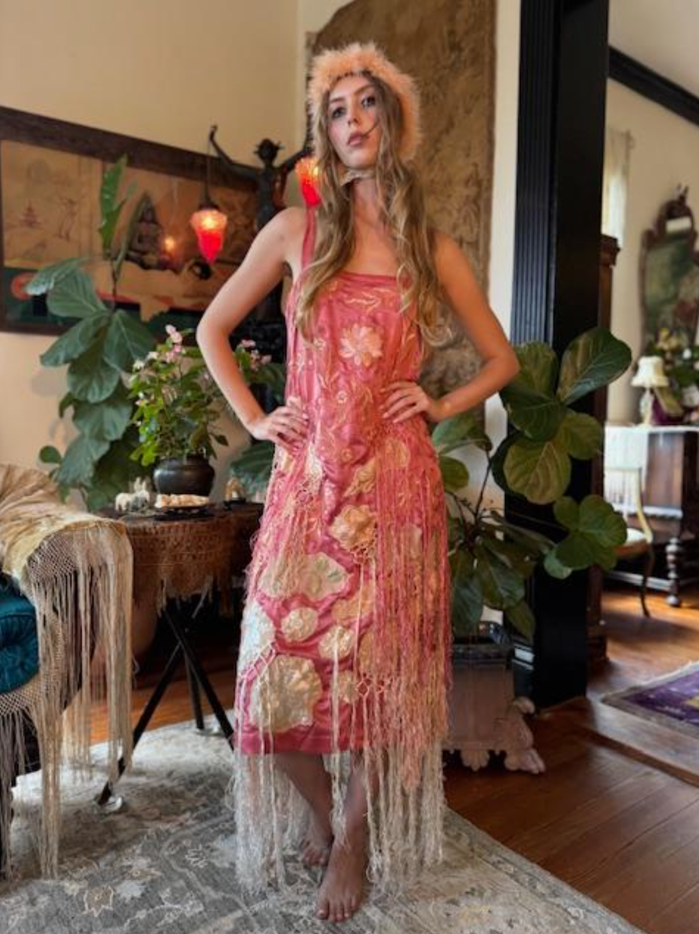 Salmon Silk 1920's Cami Dress with embroidered flowers and fringe 1920's