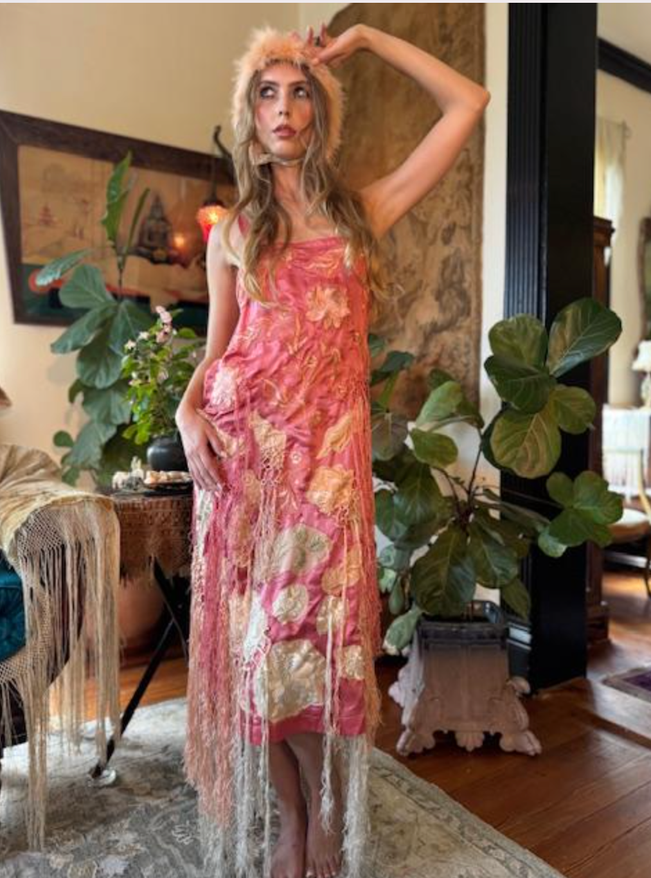 Salmon Silk 1920's Cami Dress with embroidered flowers and fringe 1920's