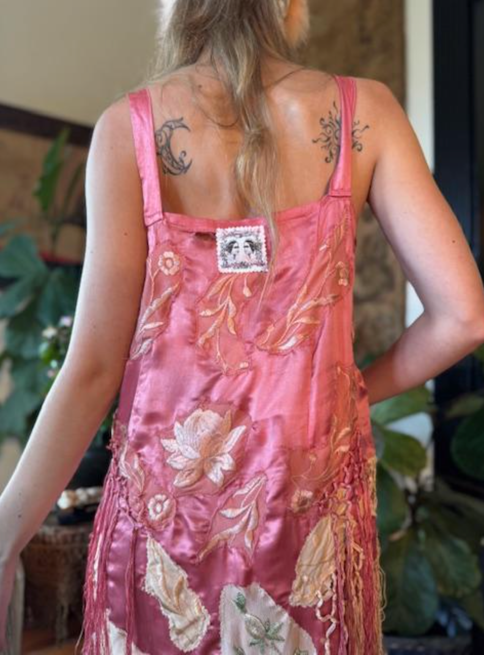 Salmon Silk 1920's Cami Dress with embroidered flowers and fringe 1920's