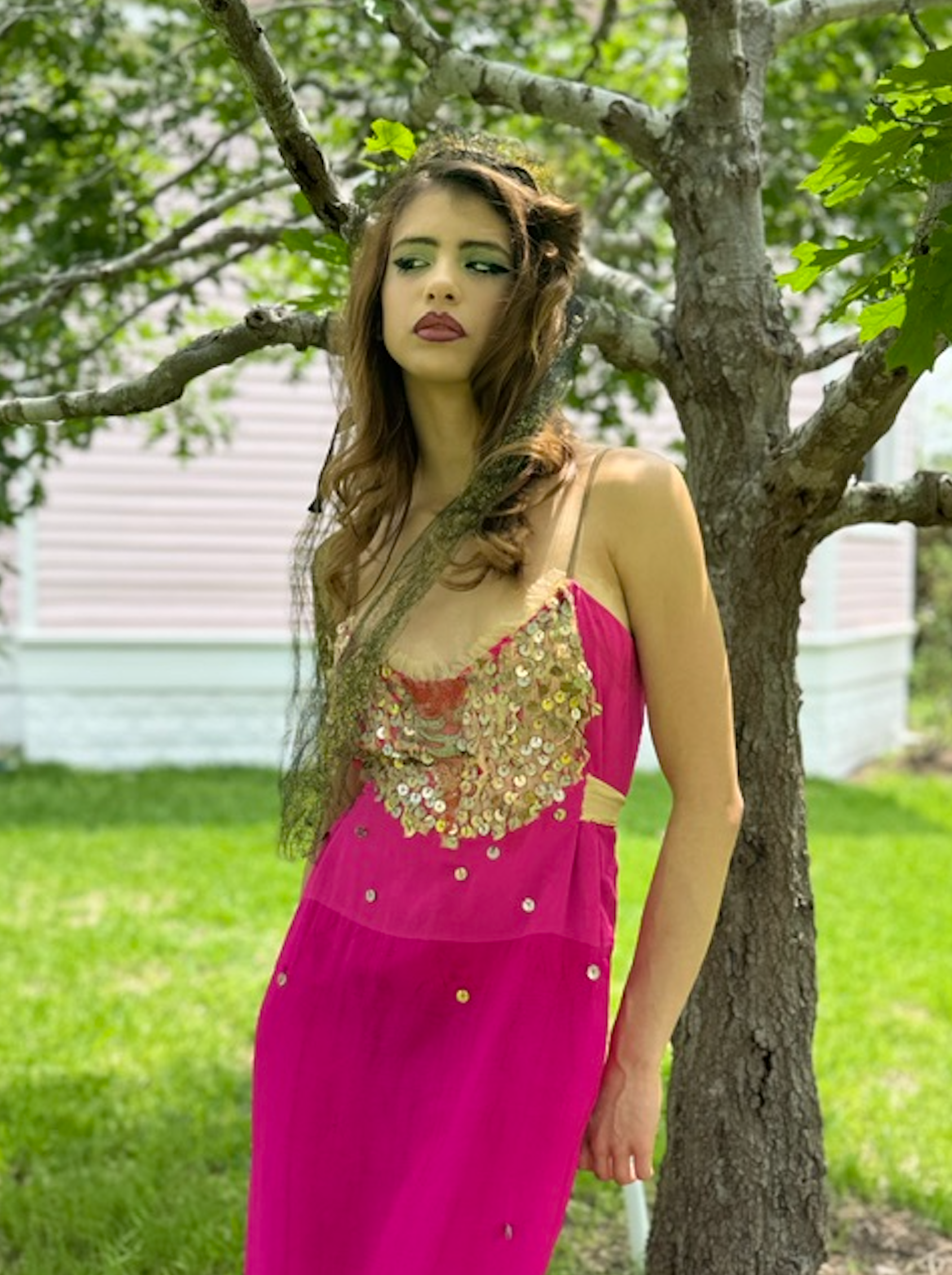 Carmen Paillette Dress Slip dress 1920's embellished with Metal Bronze colored 1930's hand sewn Paillettes