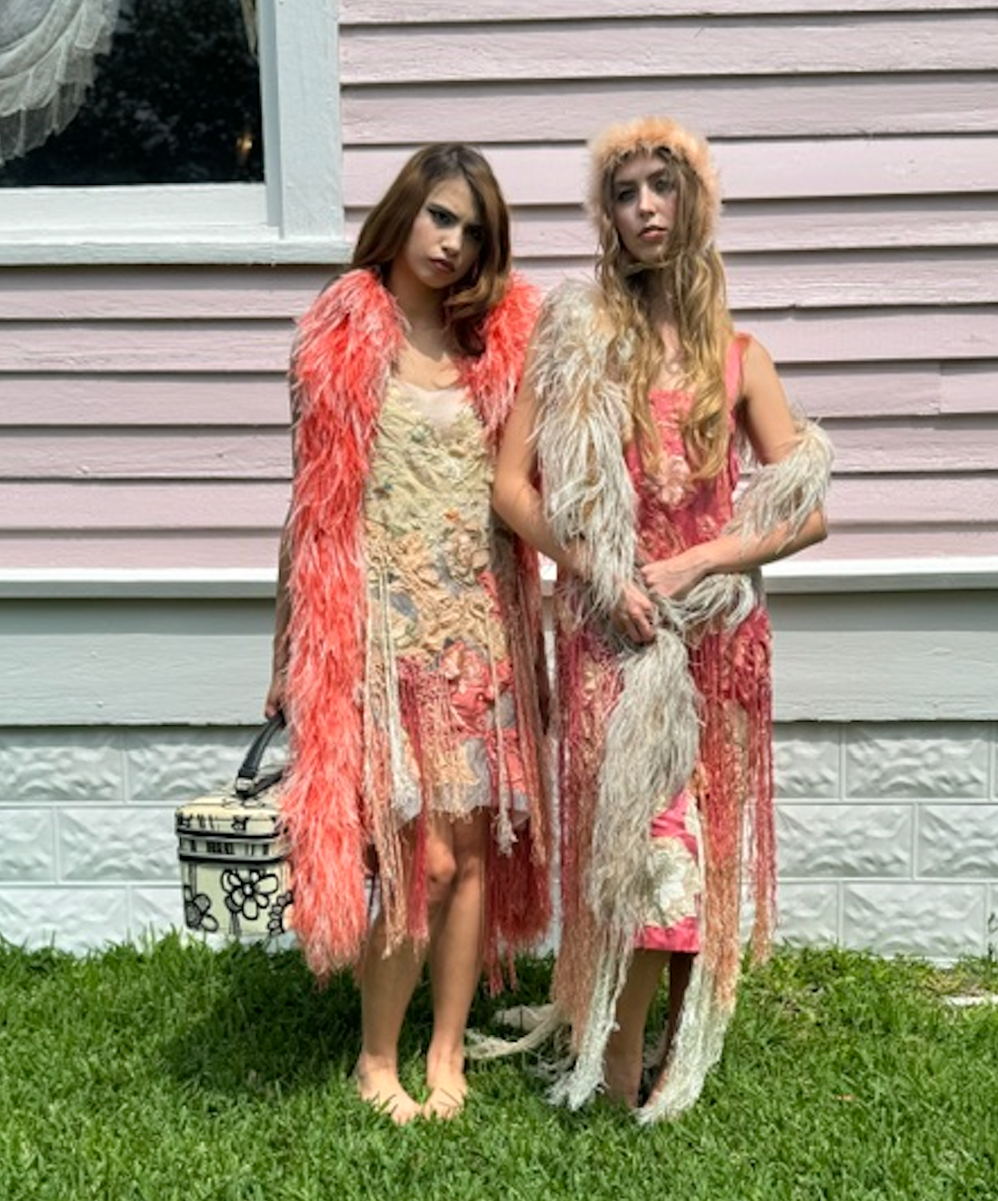 Salmon Silk 1920's Cami Dress with embroidered flowers and fringe 1920's