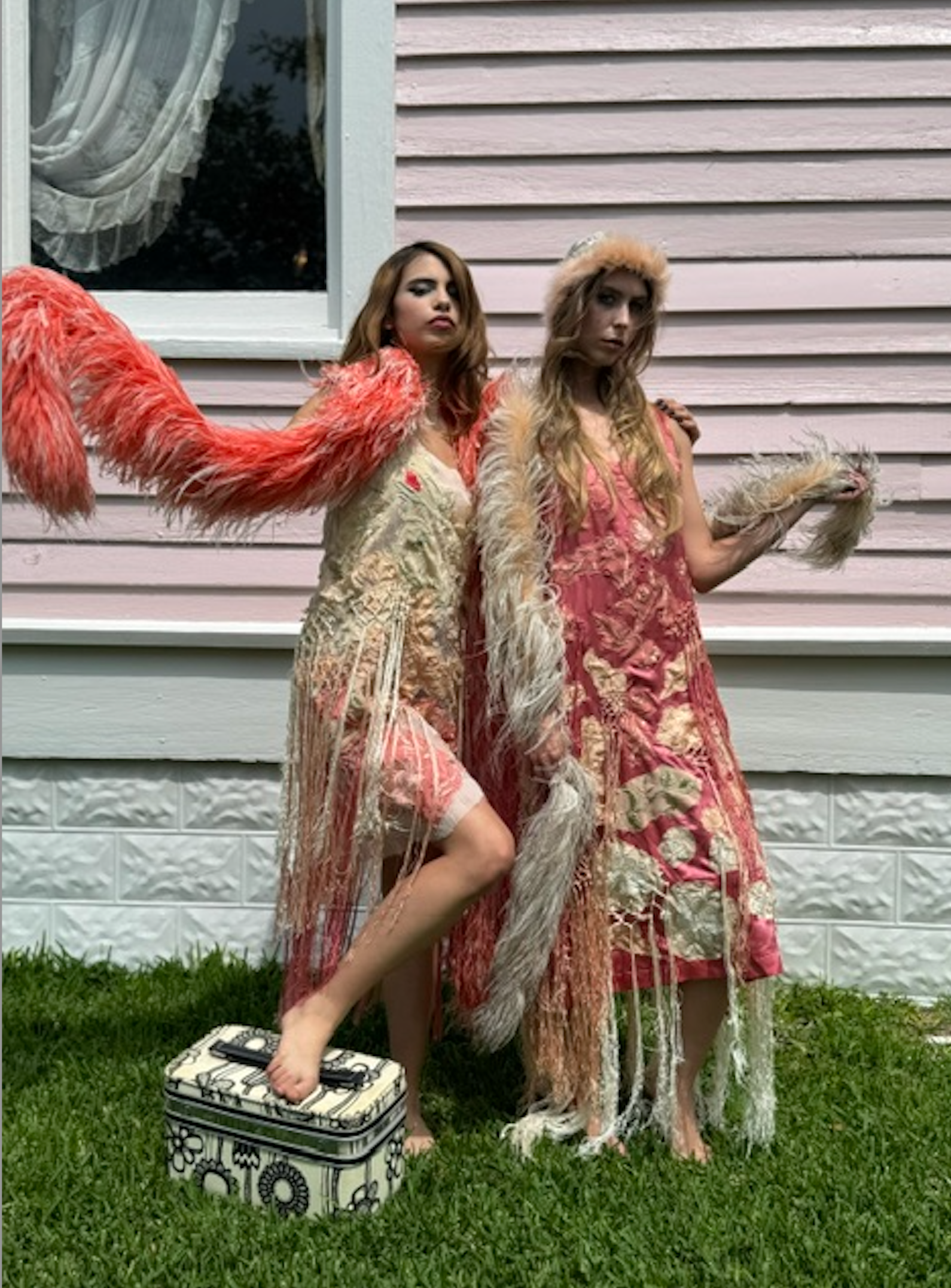 Salmon Silk 1920's Cami Dress with embroidered flowers and fringe 1920's