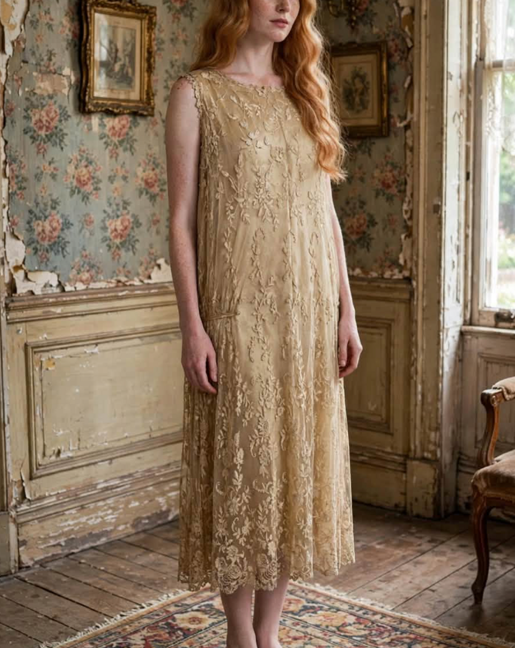 1925 Tambour Lace Chemise Dress with Drop  waist