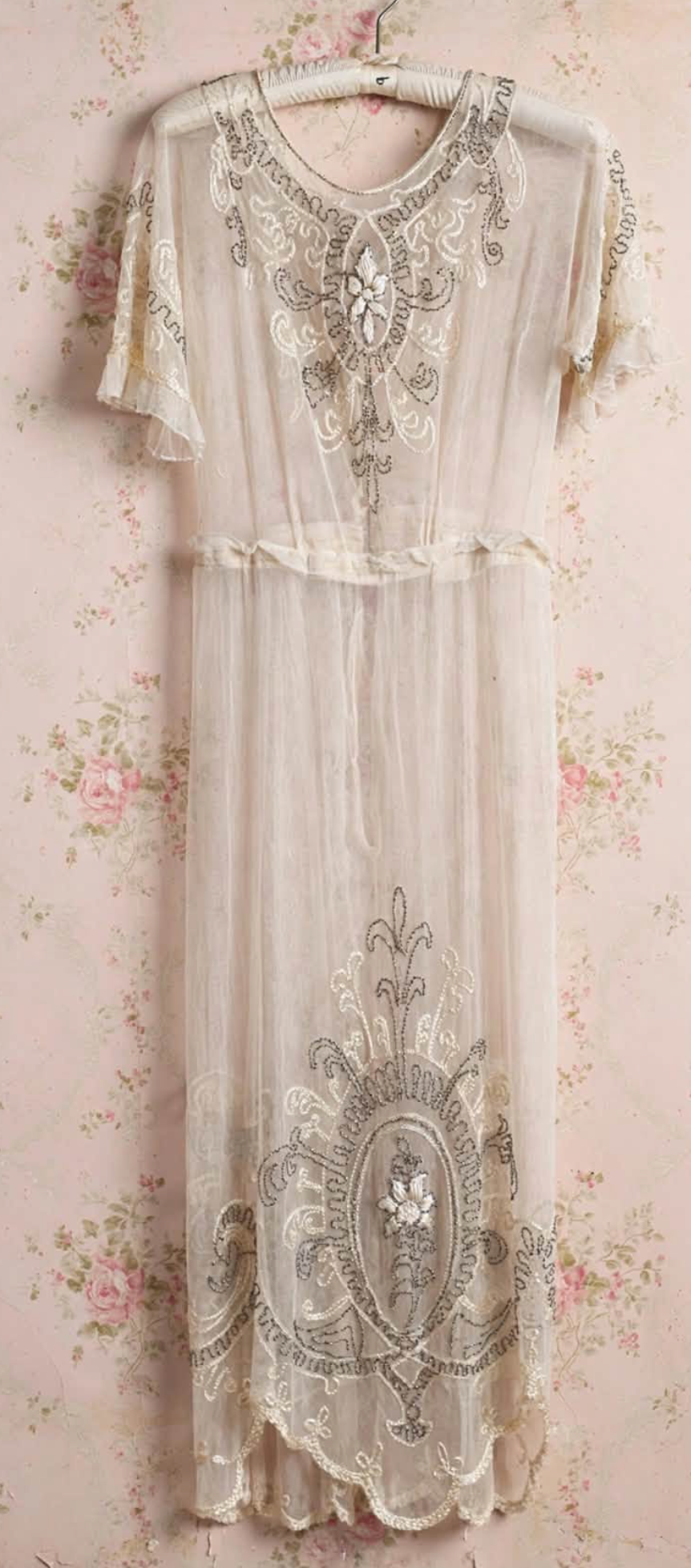 Edwardian c.1910's Ivory Floral Embroidered Beaded Mesh Tabard Overdress  Edwardian