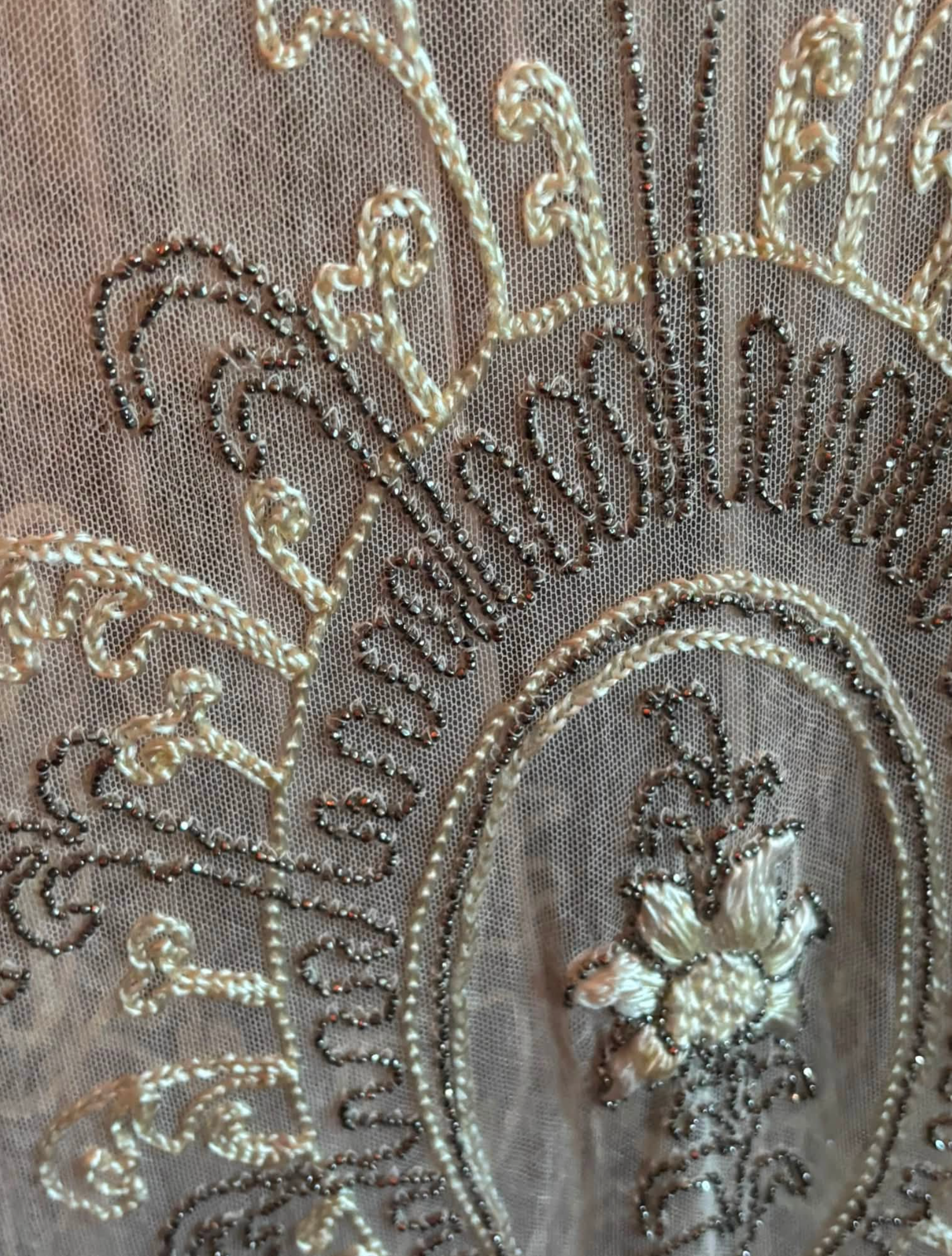 Edwardian c.1910's Ivory Floral Embroidered Beaded Mesh Tabard Overdress  Edwardian