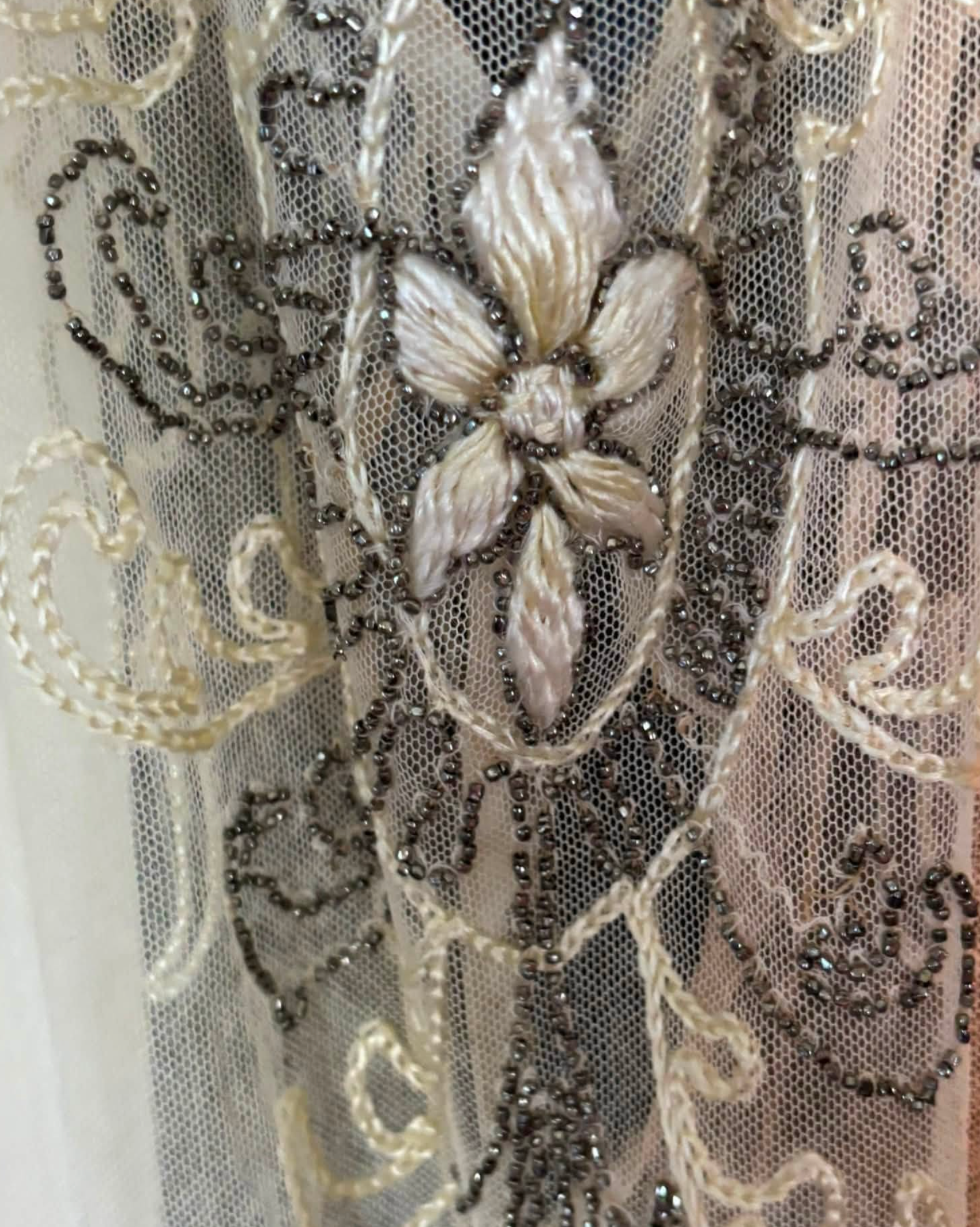 Edwardian c.1910's Ivory Floral Embroidered Beaded Mesh Tabard Overdress  Edwardian