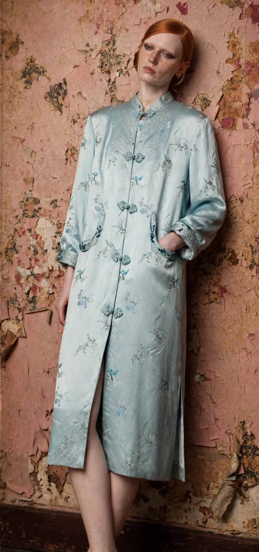 Boudoir Robe Hostess Coat Lounging Robe cheongsam pretty Ice Blue