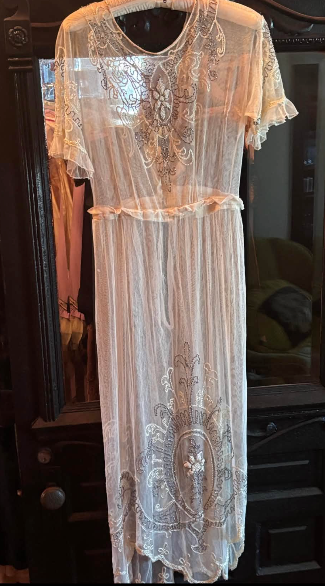 Edwardian c.1910's Ivory Floral Embroidered Beaded Mesh Tabard Overdress  Edwardian