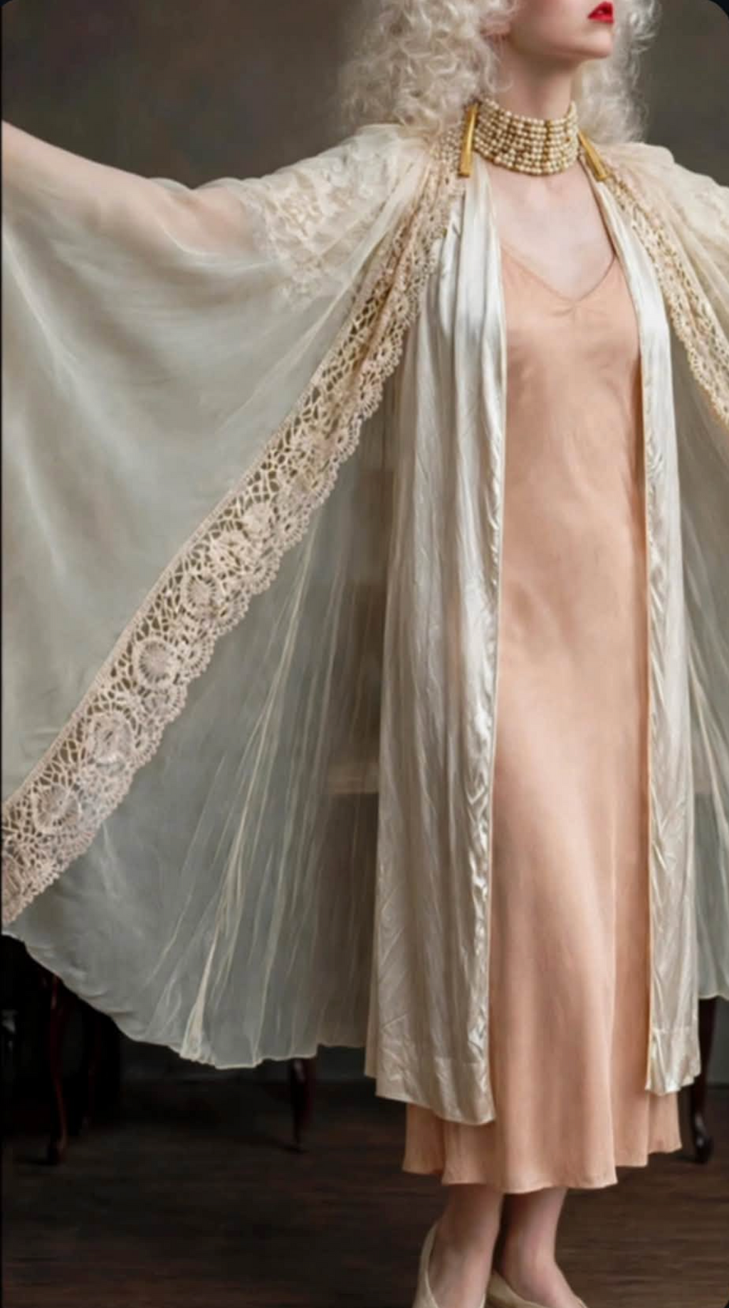 Silk chiffon Cape Peignoir / Angel-Wing Robe M Color Butter