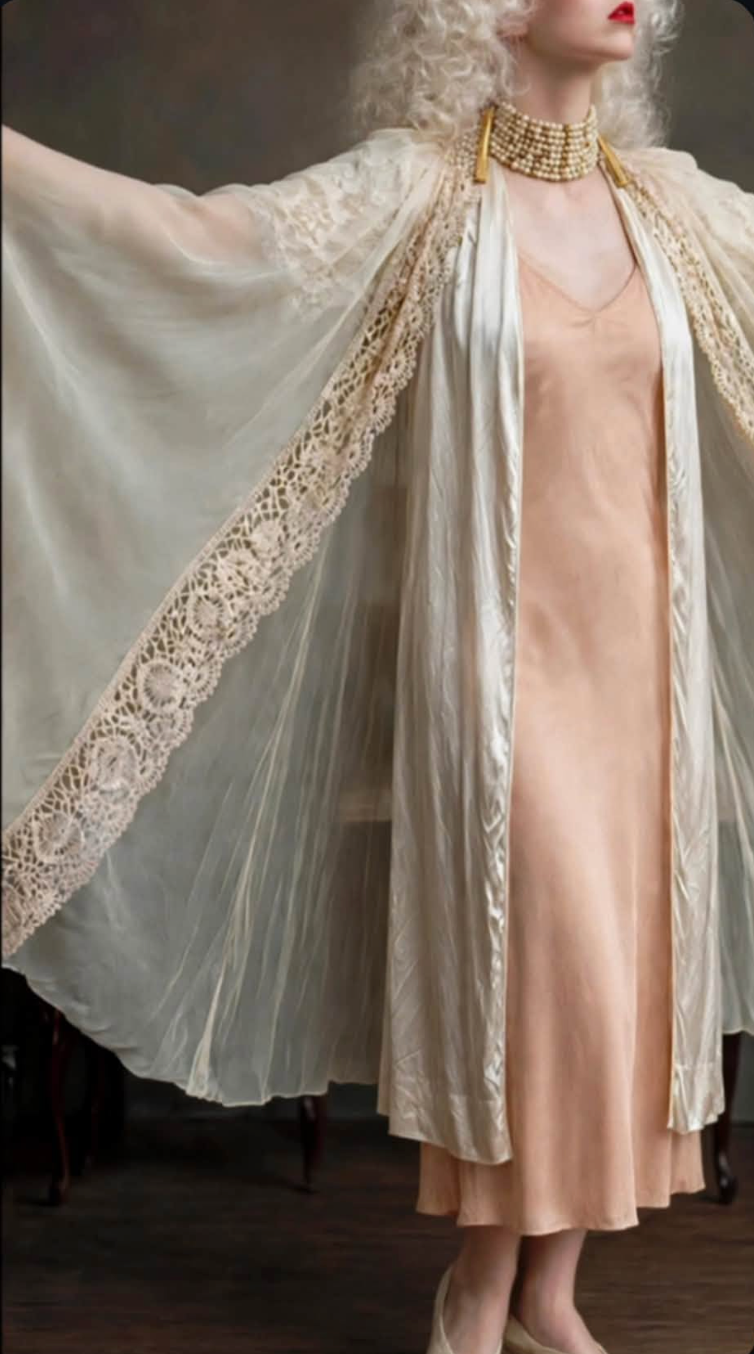 Silk chiffon Cape Peignoir / Angel-Wing Robe M Color Butter