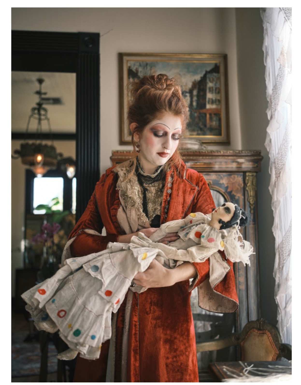 POPPY 1883 Poppy Red Silk Velvet Tailored Polonaise Cuirass Bustle Dress with Jet Buttons - Wired Crinolette
