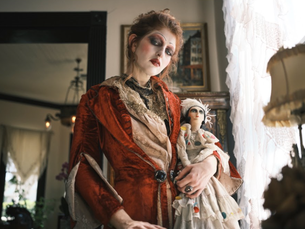 POPPY 1883 Poppy Red Silk Velvet Tailored Polonaise Cuirass Bustle Dress with Jet Buttons - Wired Crinolette