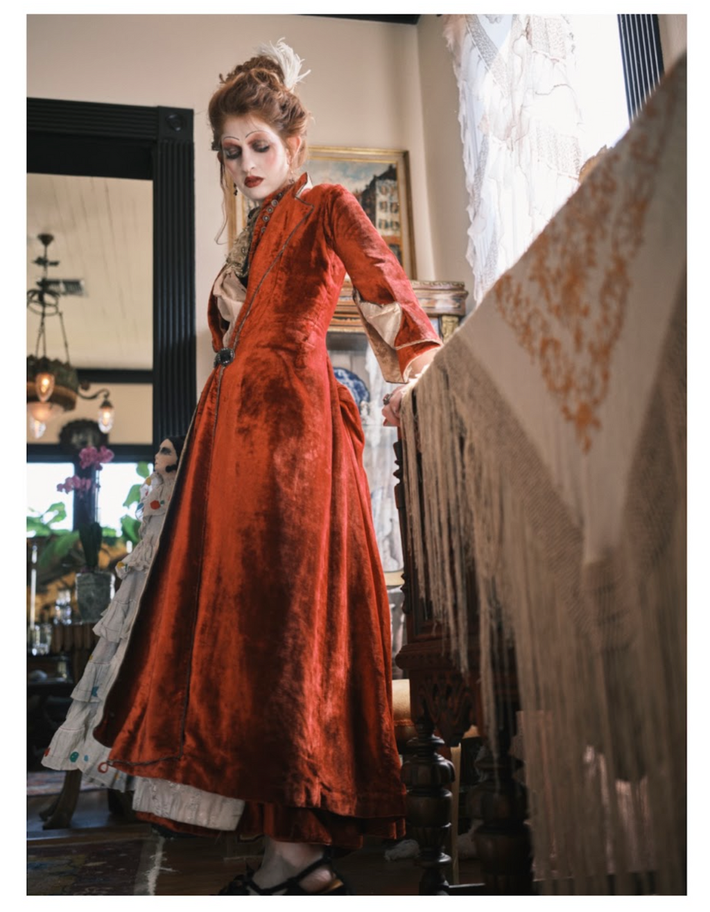 POPPY 1883 Poppy Red Silk Velvet Tailored Polonaise Cuirass Bustle Dress with Jet Buttons - Wired Crinolette