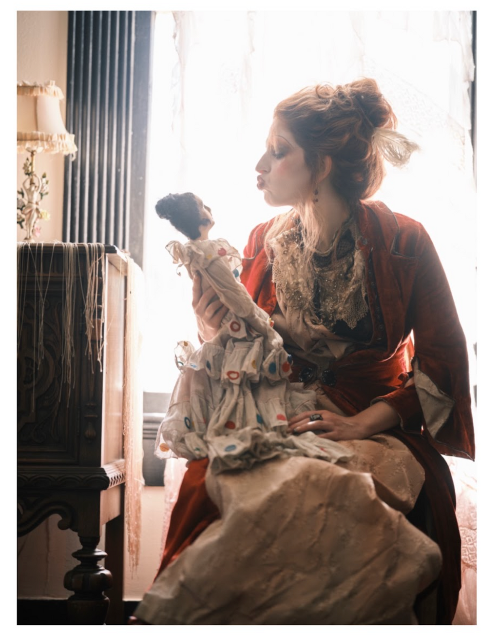 POPPY 1883 Poppy Red Silk Velvet Tailored Polonaise Cuirass Bustle Dress with Jet Buttons - Wired Crinolette