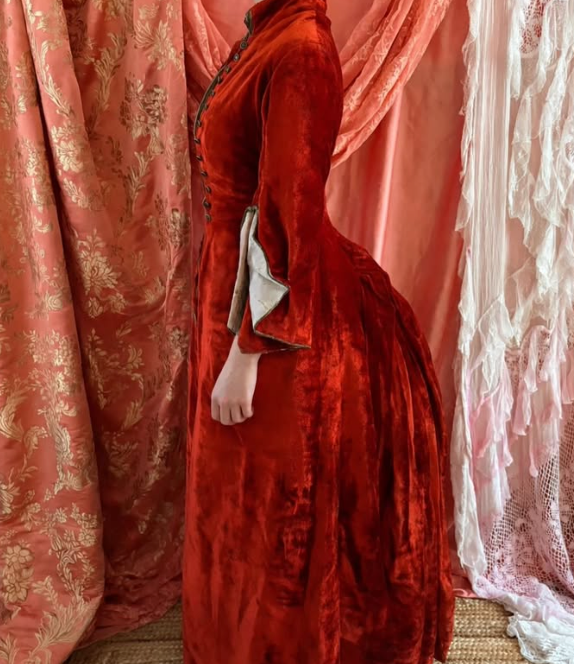 POPPY 1883 Poppy Red Silk Velvet Tailored Polonaise Cuirass Bustle Dress with Jet Buttons - Wired Crinolette