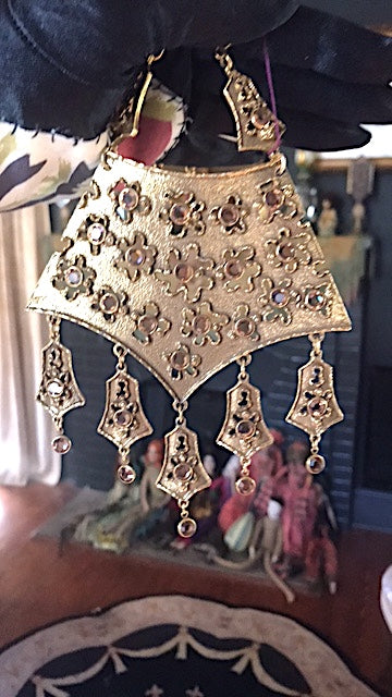 MCM Mid Century Modern Brutalism Large Peek a Boo Breast Plate  Necklace Goldette Avant Garde  unusual to have the topaz stones
